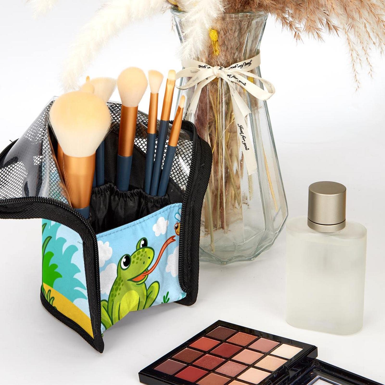 12-Piece Makeup Brush Organizer Bag with Frog & Dragonfly Design - Portable Cosmetic Brush Holder Case for Travel, Home, and Professional Makeup Artists