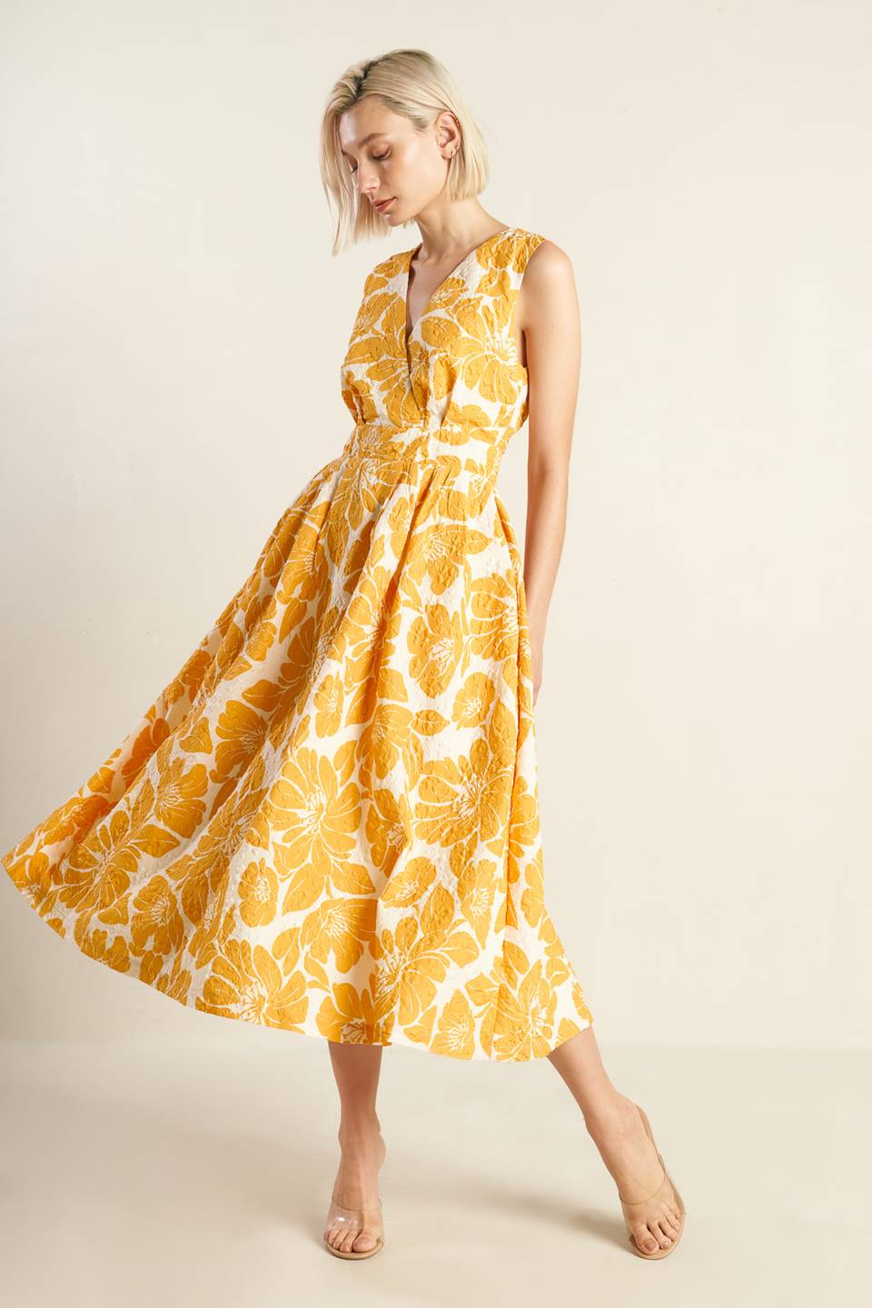 Bold Blooms Mustard Midi Dress - Floral Print Women's Dress for Casual Outings & Summer Parties