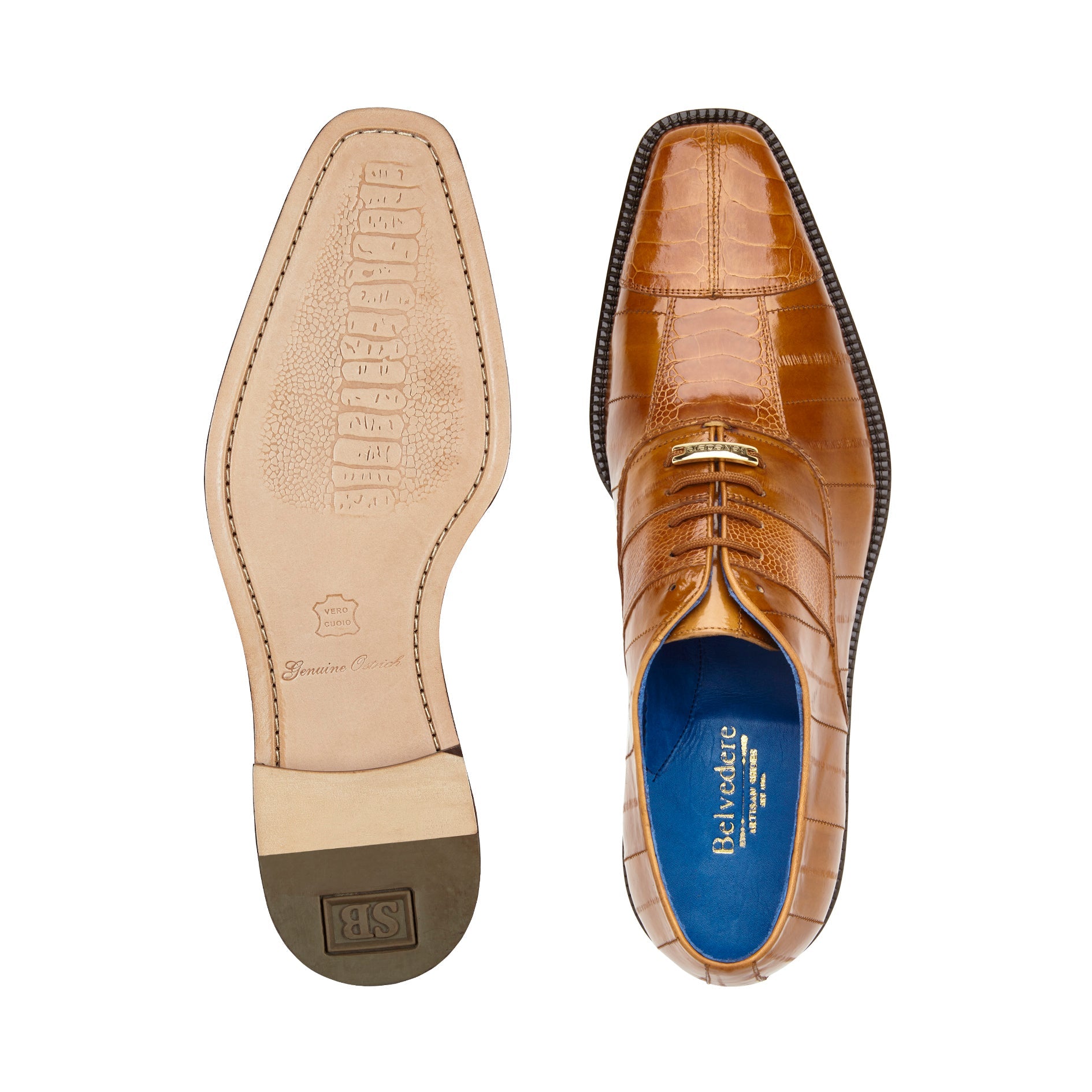 Belvedere Mare Genuine Ostrich & Eel Leather Dress Shoes in Camel - Size 9.5 - Luxury Formal Footwear for Business Meetings & Special Occasions