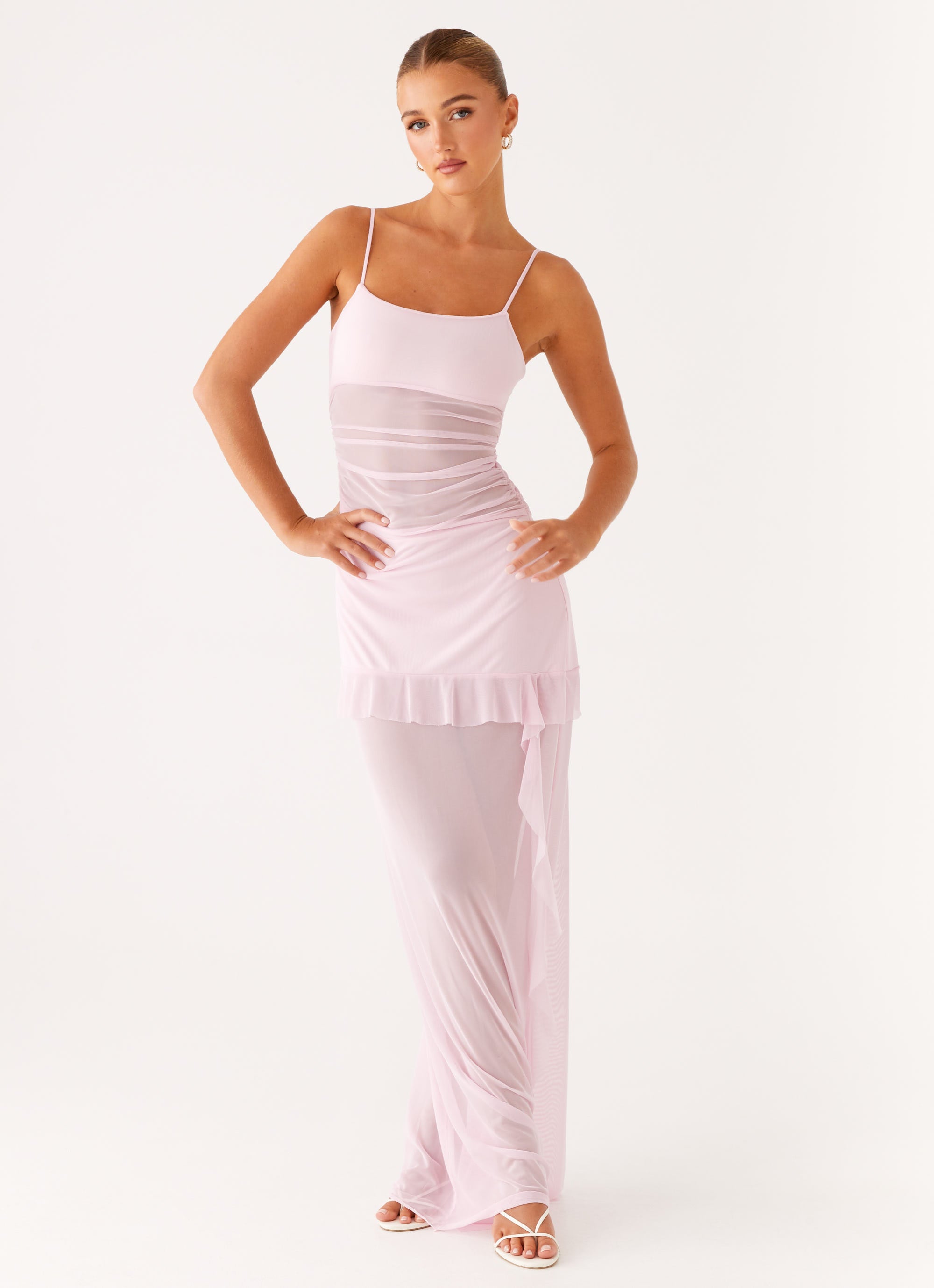 Jenni Ruffle Maxi Dress for Women - Flowy Pink Summer Dress with Ruffled Hem, Boho Chic Beach Wedding Guest Outfit