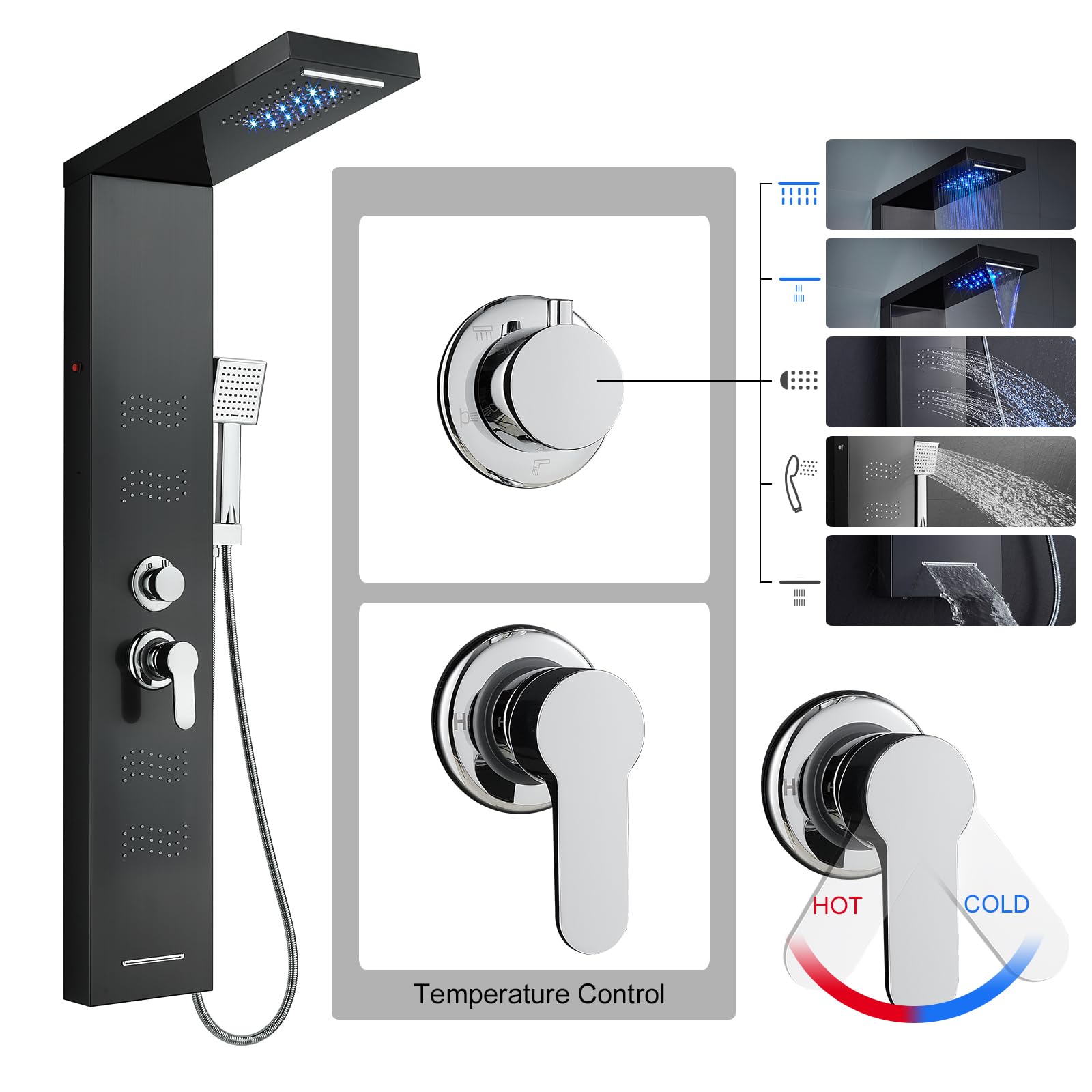 Premium Black Stainless Steel 5-in-1 LED Shower Panel Tower System with Rainfall Shower Head, Waterfall Spray, Body Jets & Handheld Shower - Luxury Bathroom Upgrade for Spa-Like Experience at Home