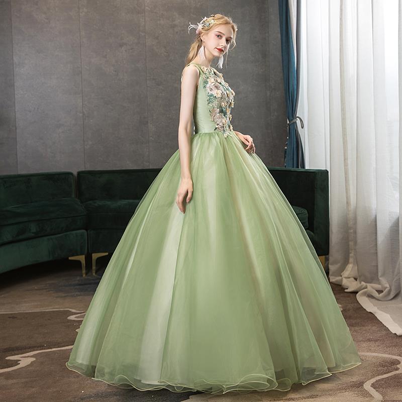 Elegant Green Tulle Ball Gown with Floral Details - Sweet 16 Birthday Party Dress, Prom Gown for Teens - Perfect for Quinceañera, Homecoming, Formal Dances & Special Occasions