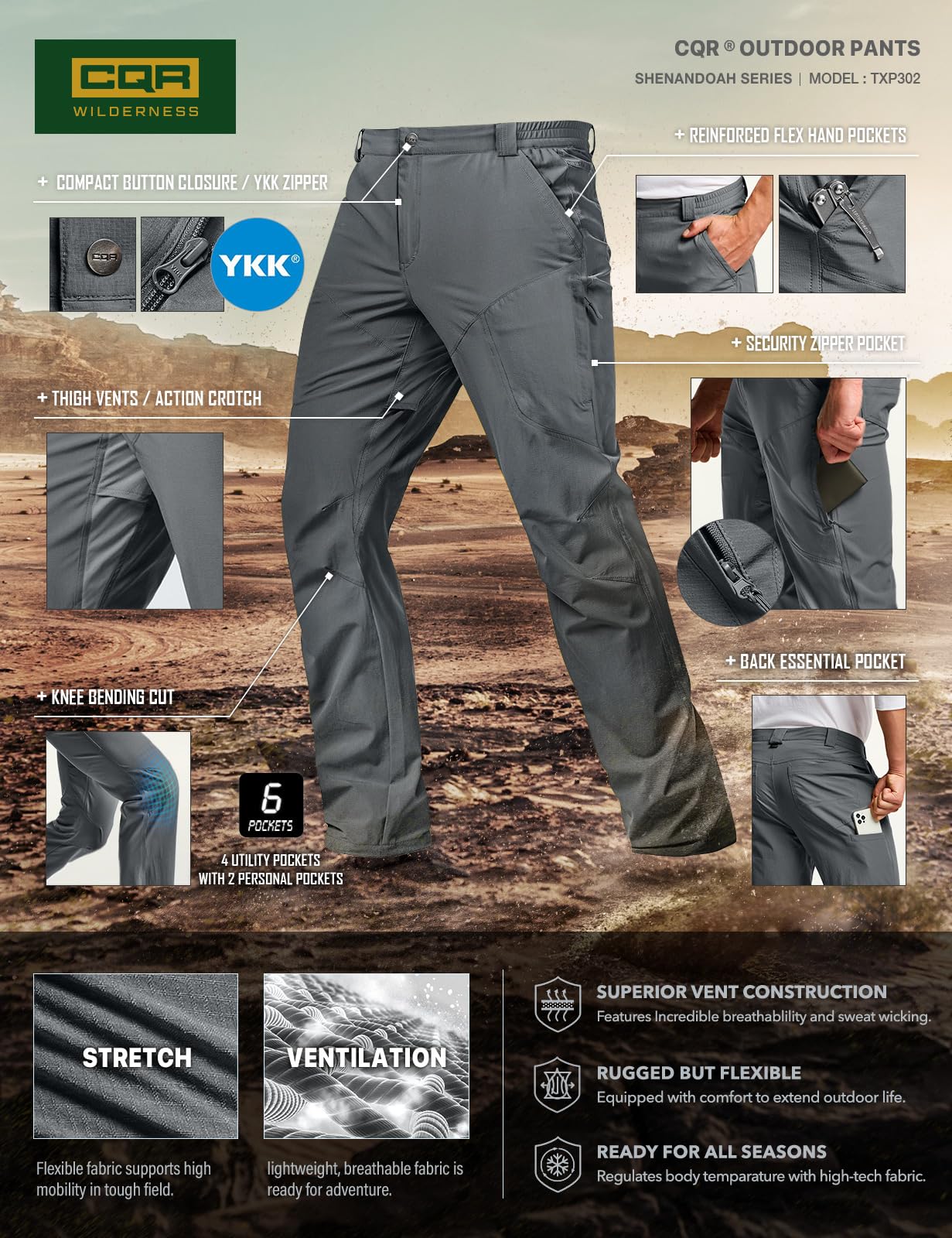 CQR Men's Quick Dry Lightweight Stretch Cargo Pants - Water Resistant Straight Fit Utility Work Pants for Hiking, Camping & Outdoor Activities