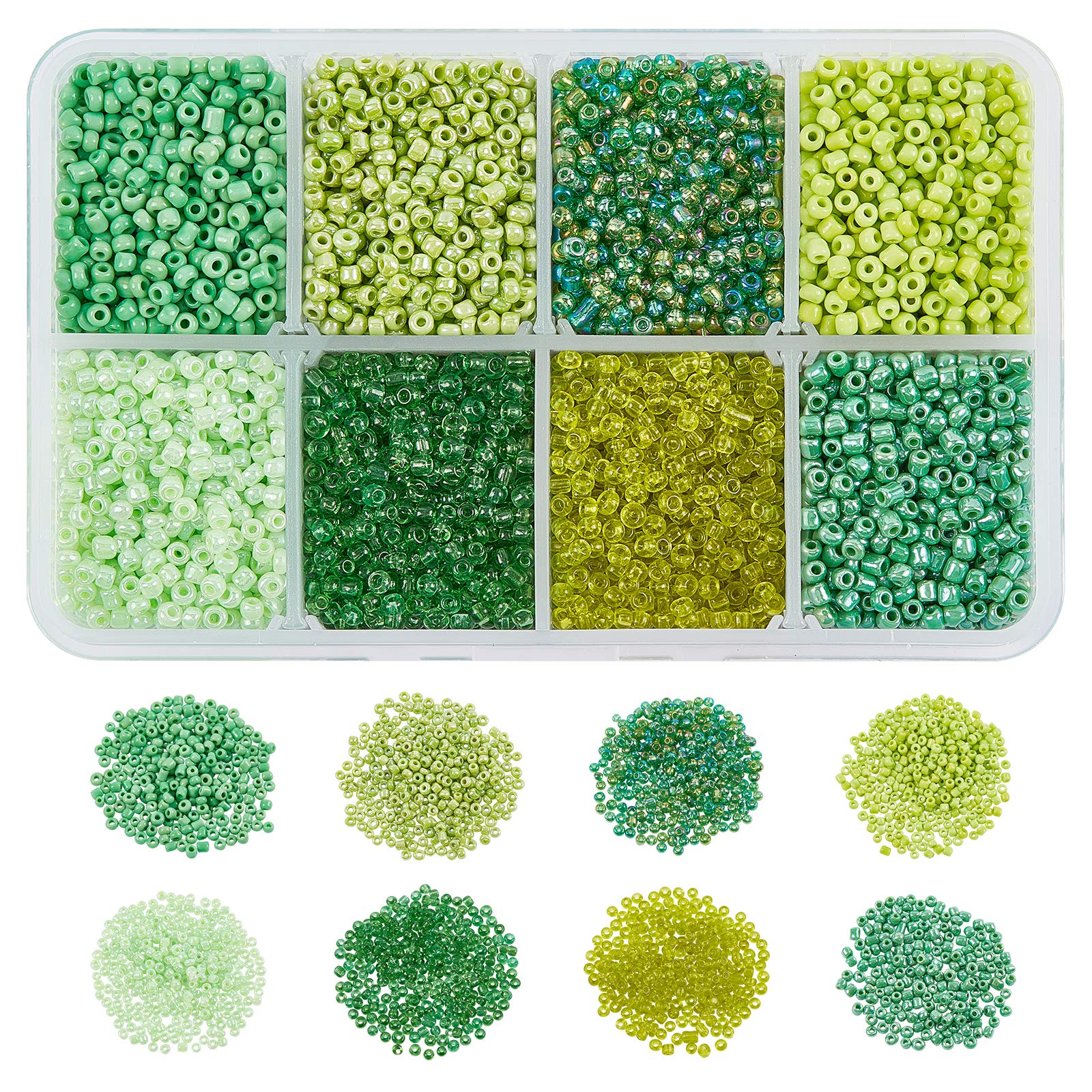 NBEADS 12500 Pcs 2mm Small Glass Seed Beads for Jewelry Making, 12/0 Mini Craft Beads with 1mm Hole - 8 Shades of Green for Christmas Bracelets, Earrings, Necklaces & DIY Gift Projects