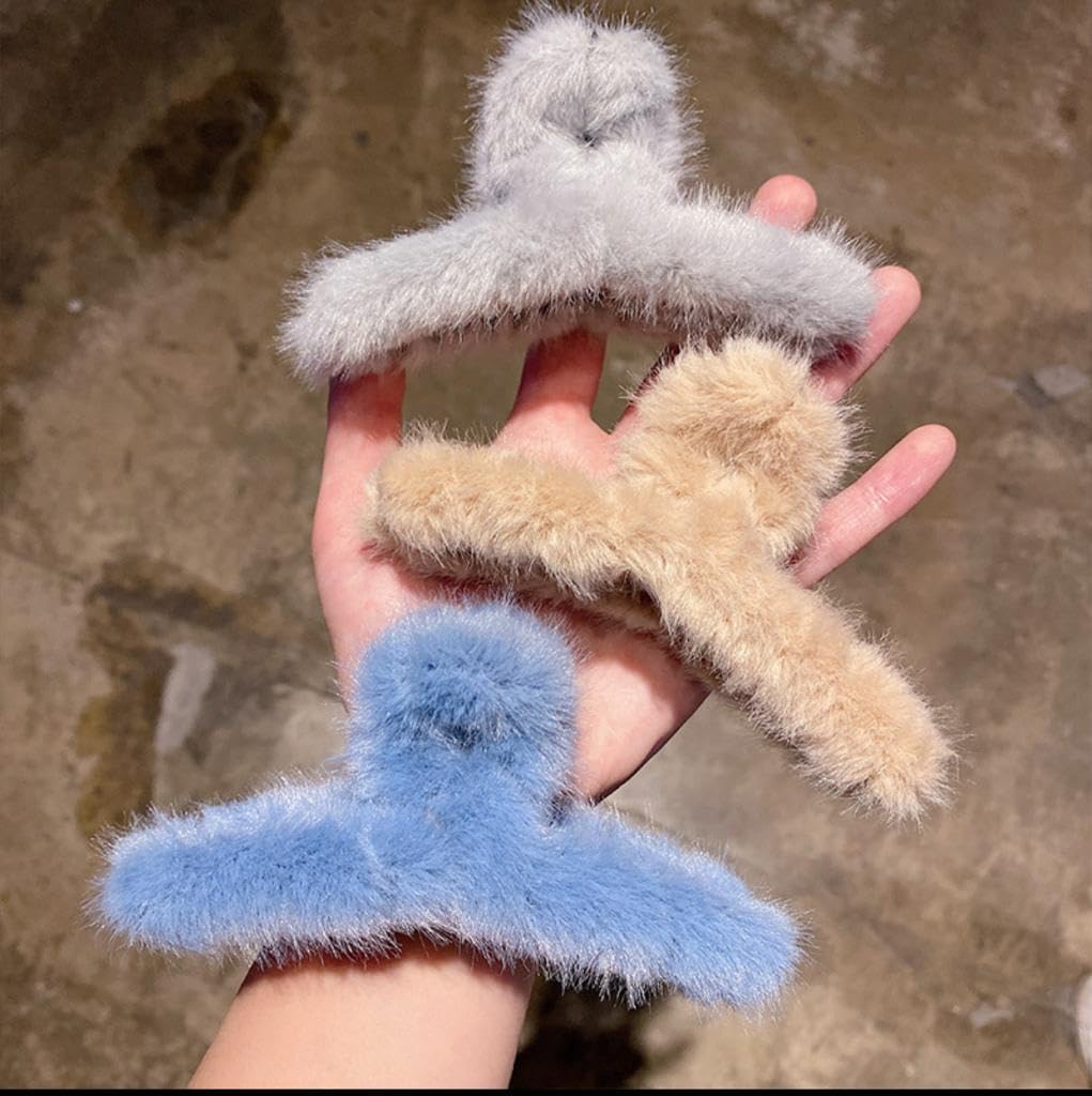 DCELLA Soft Faux Fleece Hair Claw Clips for Women & Girls - 3 Pack Large Hair Clutchers with Curve Design, Random Colors - Perfect for School, Work, Parties and Everyday Hairstyles