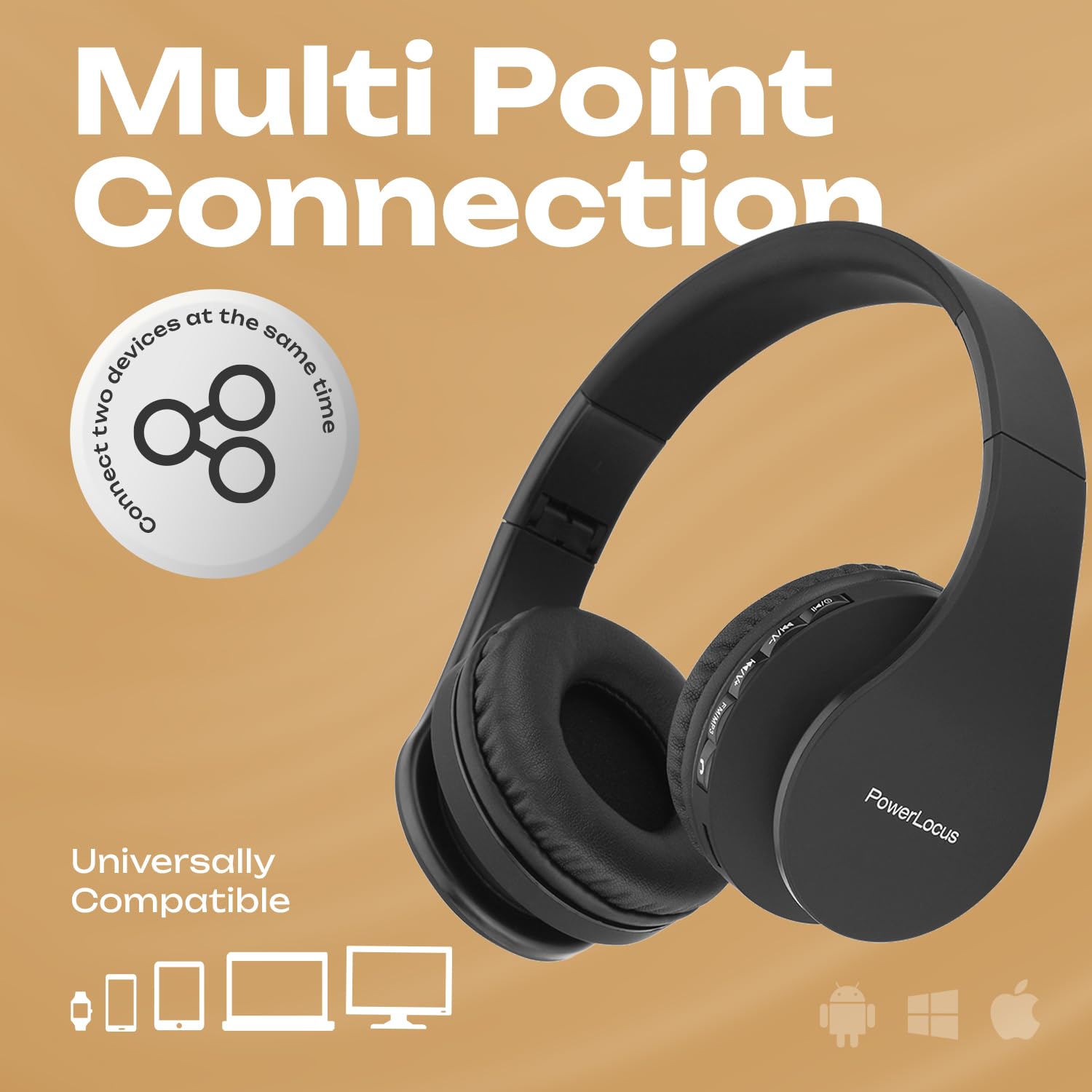 PowerLocus Wireless Bluetooth Over-Ear Headphones with Noise Cancelling, Foldable Stereo Headset with Built-in Mic for iPhone, Samsung, LG, iPad - Perfect for Travel, Work & Gaming (Black)