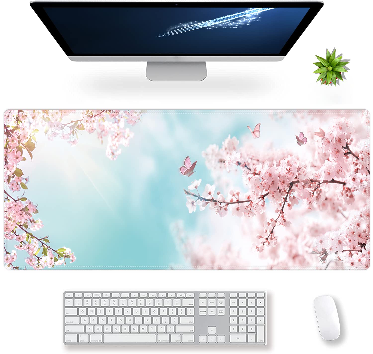 XXL Extended Gaming Mouse Pad - Dreamy Romantic Pink Sakura Butterflies Design, Non-Slip Rubber Base & Stitched Edges (35.4 x 15.7 Inch) - Perfect for Office, Gaming & Home Decor for Women, Girls & Men