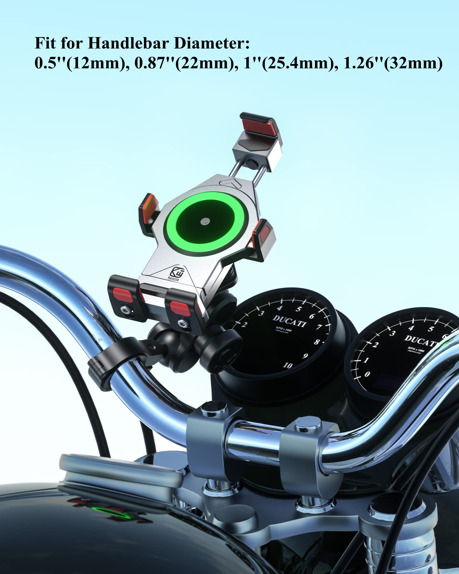 BRCOVAN Motorcycle Phone Mount with 15W Qi Wireless Charger & Vibration Dampener - Aluminum Alloy Anti-Theft Waterproof Handlebar Smartphone Holder for 4.7