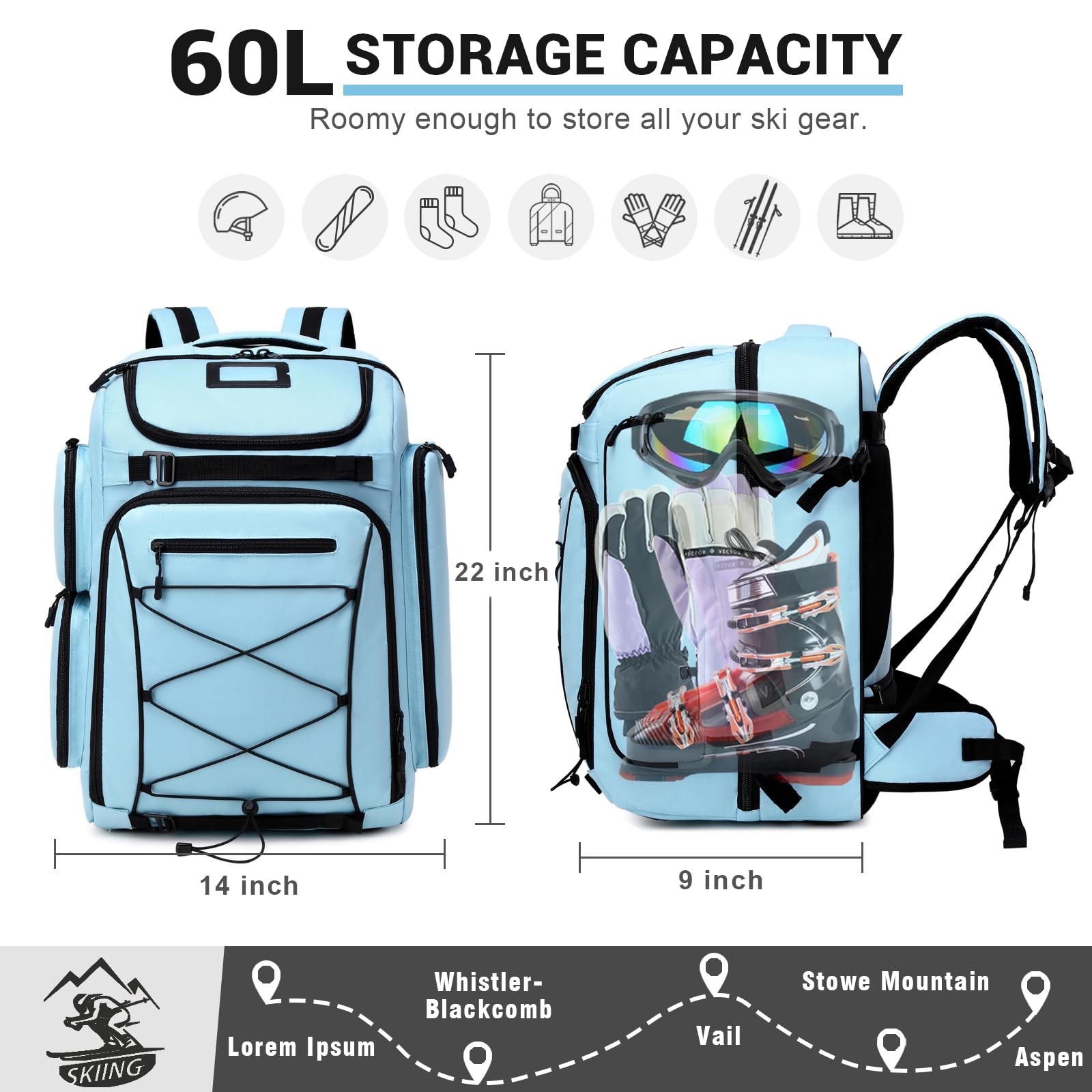 **60L Waterproof Ski Boot Backpack - Travel Backpack for Ski Boots, Skis & Snowboard Gear - Durable & Spacious for Ski Trips & Winter Sports**