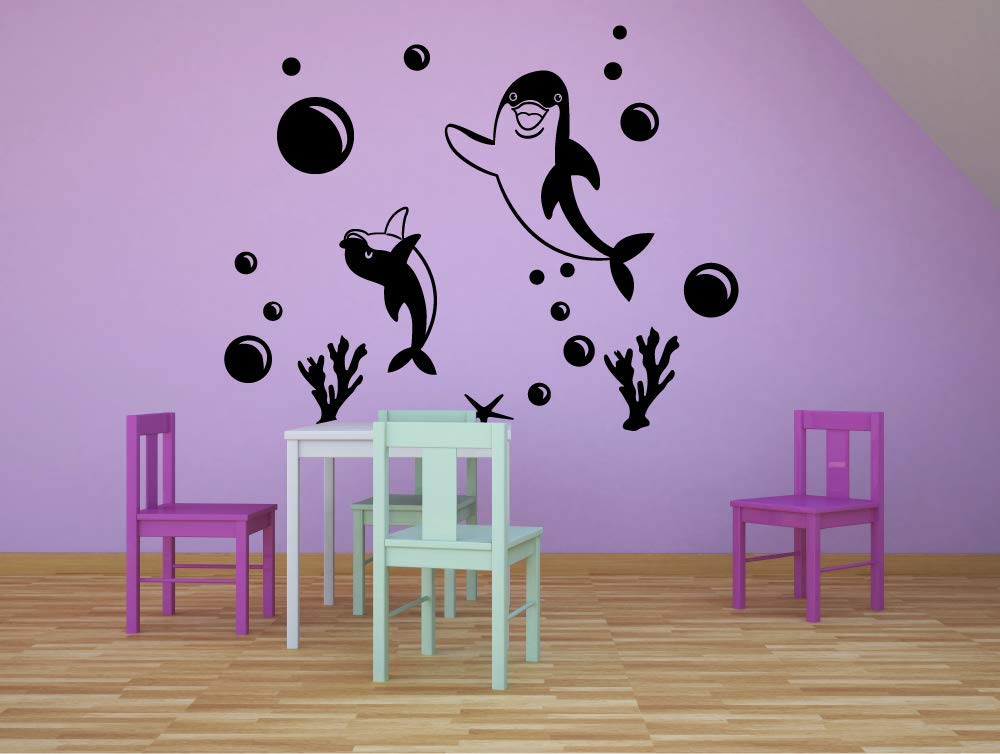 Happy Dolphin Family & Friends Sea Ocean Animal Wall Stickers - 8x10 Inch Vinyl Decal for Kids Room, Nursery, Bedroom, Kindergarten - Fun Home Decor & Wall Art - Perfect for Beach Themed Rooms & Underwater Party Decorations
