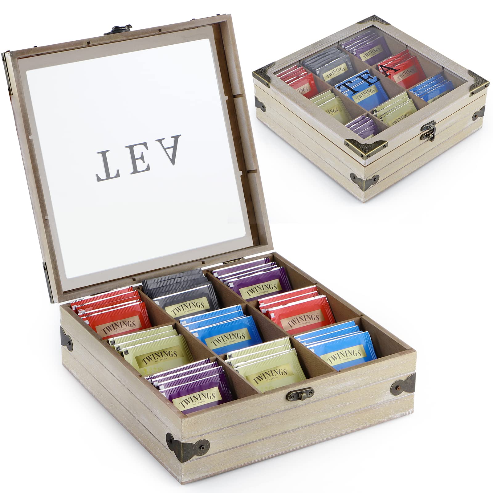 MOLIGOU Wooden Tea Box Organizer with Glass Lid - 9 Compartment Tea Storage Chest for Tea Bags, Herbs & Spices | Perfect for Kitchen Cabinet, Pantry & Countertop Organization