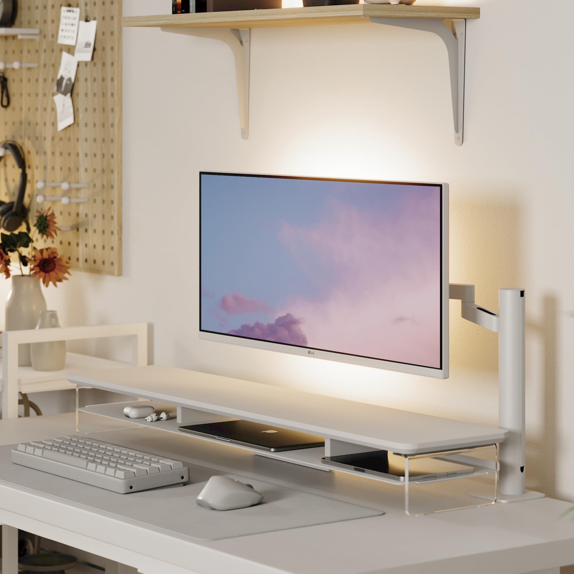 FENGE 42.5 Inch 2-Tier Acrylic Dual Monitor Stand Riser with Storage Organizer - White | Ergonomic Computer Desk Organizer for Home Office, Gaming Setup & Workspace | Fits Laptop, PC, TV & Multiple Screens