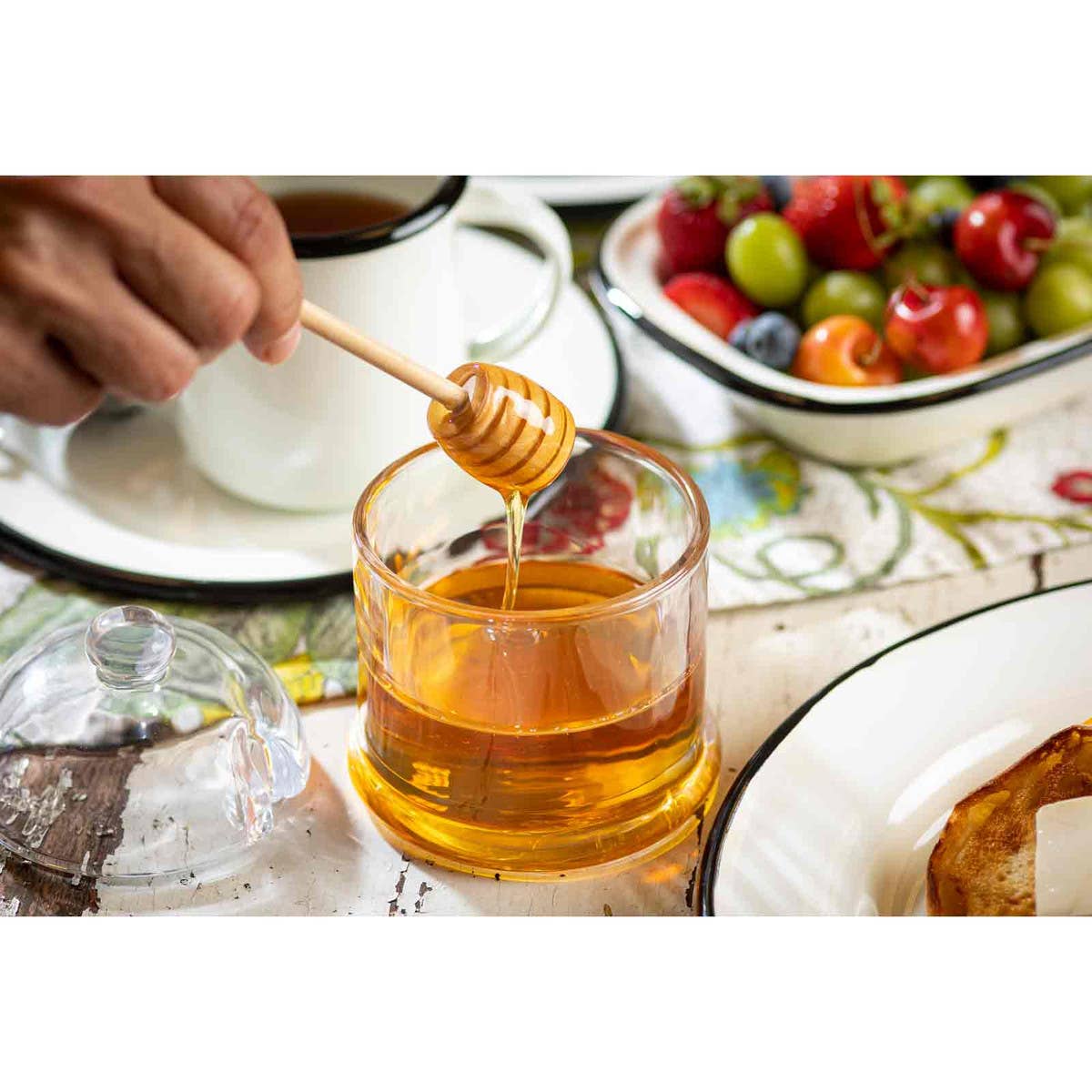 Premium Honey Dipper Set with Glass Jar & Wooden Stick - Natural Honey Drizzler for Tea, Coffee, Yogurt & Desserts - Perfect Kitchen Gift for Honey Lovers