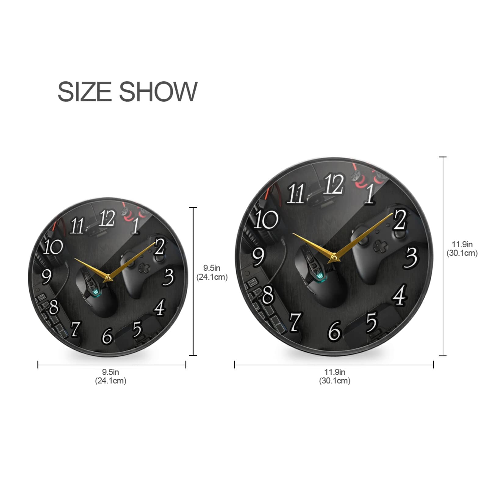 Gamer Wall Clock - Silent Non-Ticking 9.5 Inch Acrylic Round Clock with Mouse, Keyboard, Joystick & Headset Design - Perfect for Gaming Room, Home Office, Living Room or Dorm Decor