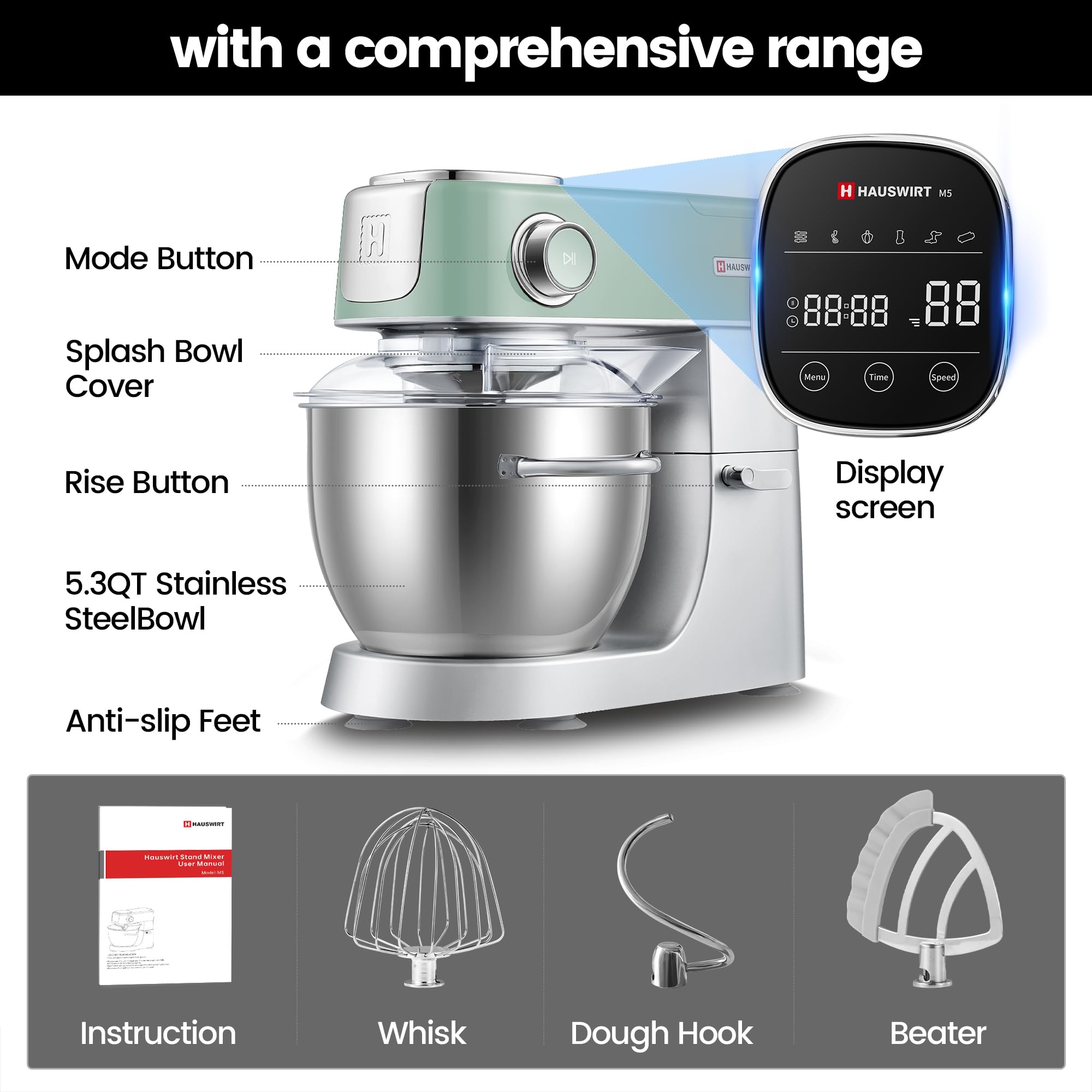HAUSWIRT 5.3QT Electric Stand Mixer - 11-Speed Retro Kitchen Mixer with LED Display, Stainless Steel Attachments (Dough Hook, Flat Beater, Egg Whisk) | Perfect for Baking Cakes, Cookies, Bread & Pastry Dough | Vintage Green Countertop Appliance for Home Bakers
