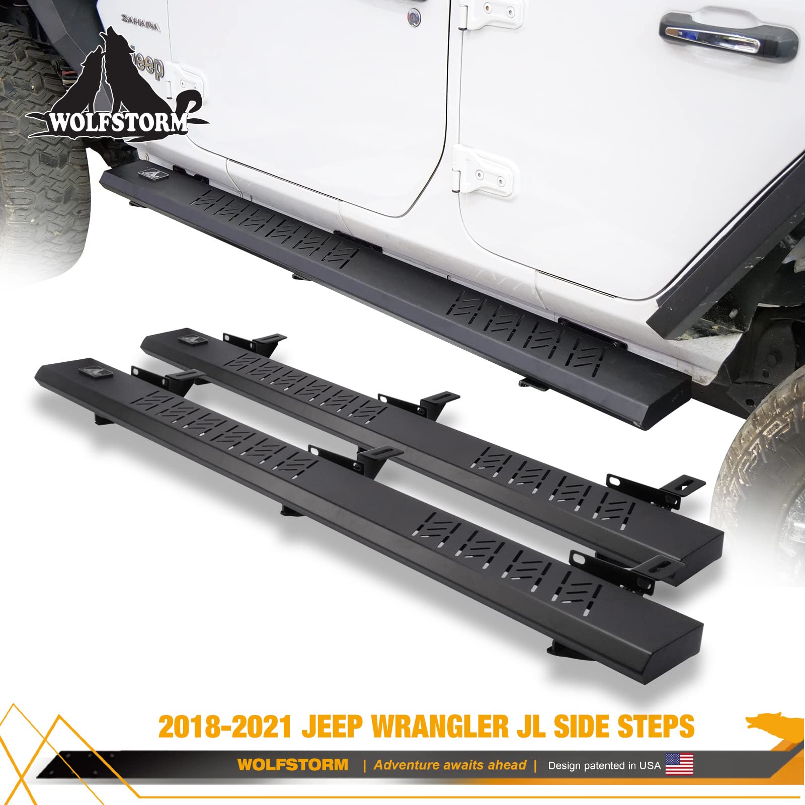 WOLFSTORM Side Steps for 2018-2021 Jeep Wrangler JL 4 Door - Powder Coated Alloy Steel Running Boards Replacement - Heavy Duty Exterior Accessories (1 Pair) - Perfect for Off-Roading & Daily Driving