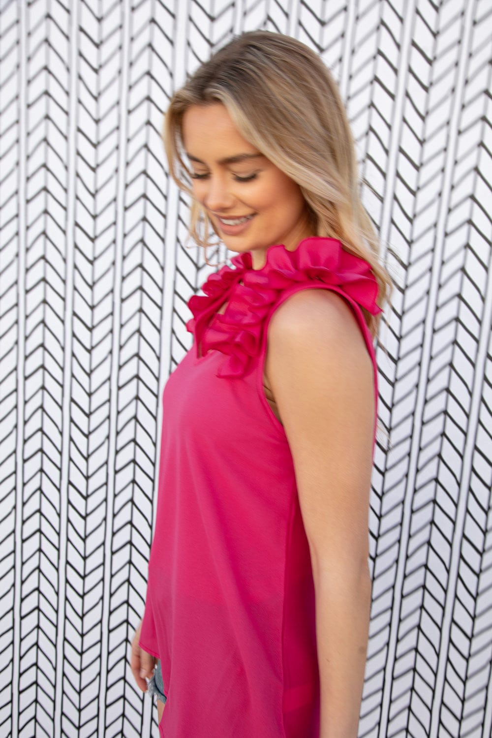 Fuchsia Frill Shoulder Sleeveless Crepe Woven Blouse for Women - Elegant Summer Tops for Casual Outings, Date Nights & Office Wear