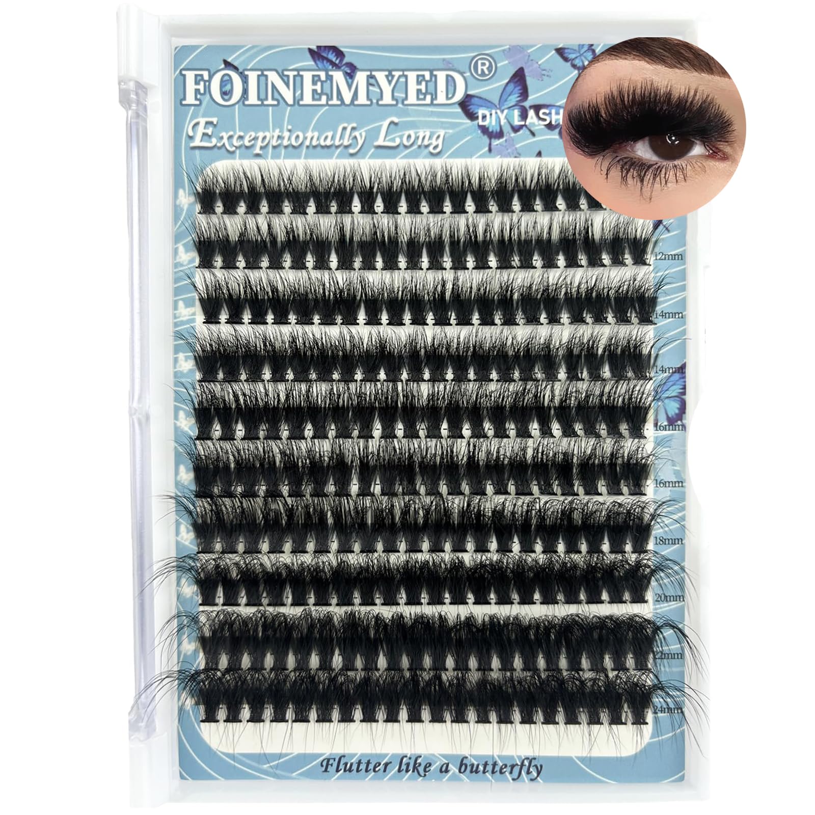 Fluffy 10-24mm Extra Long Thick 200D Cluster Eyelash Extensions - 200pcs Volume D Curl Wispy Individual Lashes with Plant Fibers | DIY False Eyelashes for Beginners | Perfect for Bridal, Party & Daily Makeup Looks - by FOINEMYED