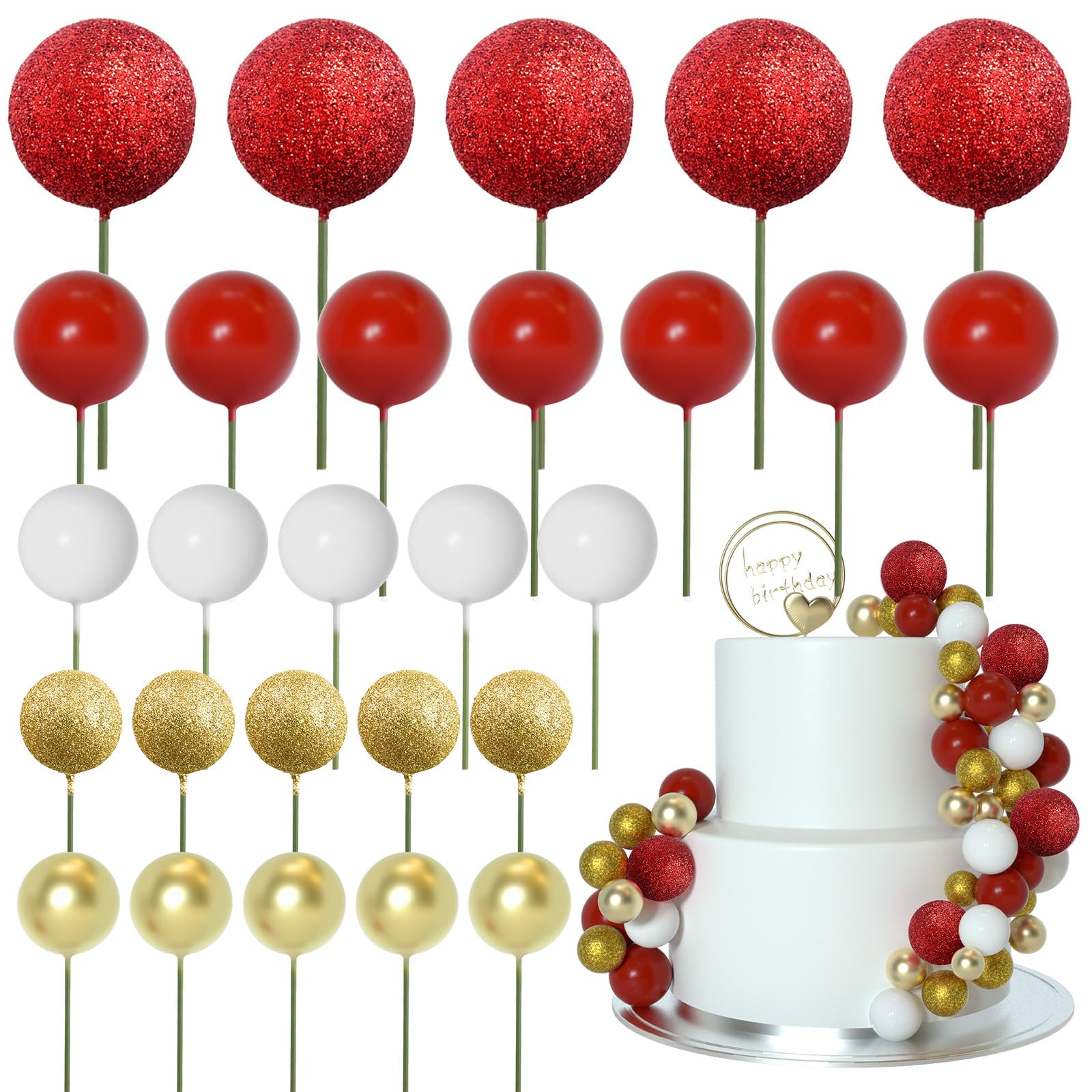 50 Pcs Gold & Red Ball Cake Topper Sticks - Mini Balloon Foam Balls for Cake Decorating Supplies - Perfect for Christmas, Birthday, Wedding, Baby Shower Cakes & Cupcake Toppers