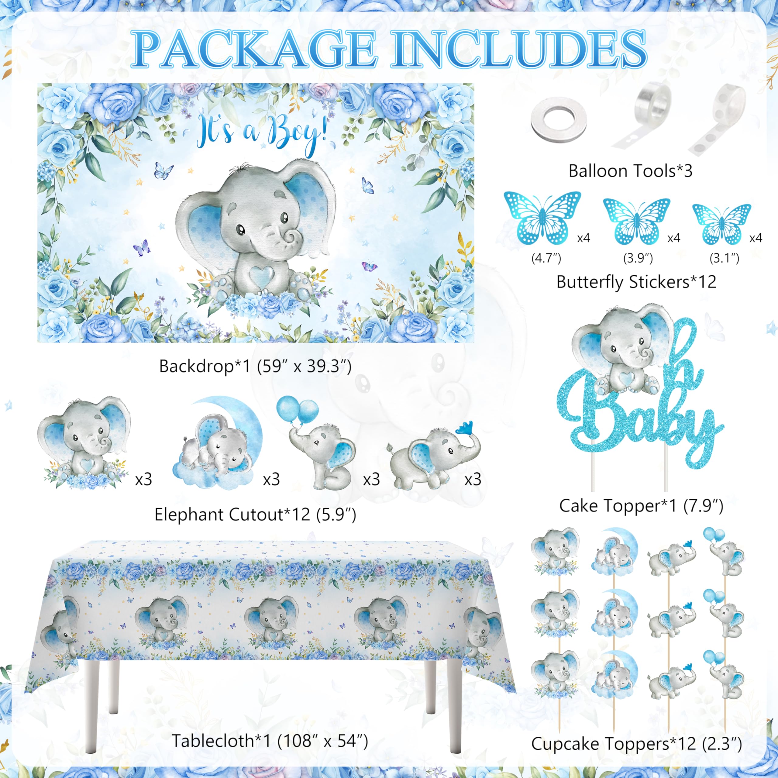 Adorable Elephant Baby Shower Decorations for Boys - Elephant Theme Birthday Party Supplies with Balloon Garland, Backdrop, Tablecloth & Cake Toppers | Perfect for Baby Shower, Gender Reveal & Nursery Decor