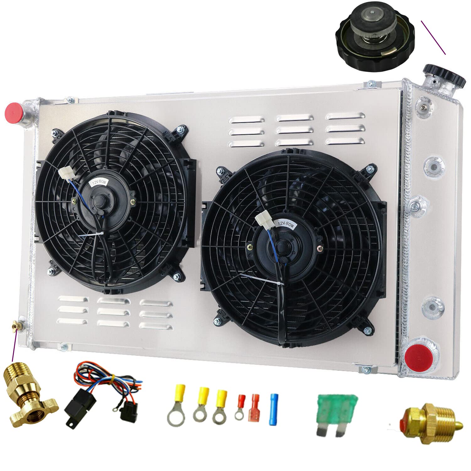 Full Aluminum Radiator Kit with Shroud, Fan & Thermostat for 1973-1990 Chevy Caprice C10 C20 C30 K10 K20 K30 Suburban El Camino Malibu - 4 Row Heavy Duty Cooling System Upgrade for Classic Trucks & SUVs