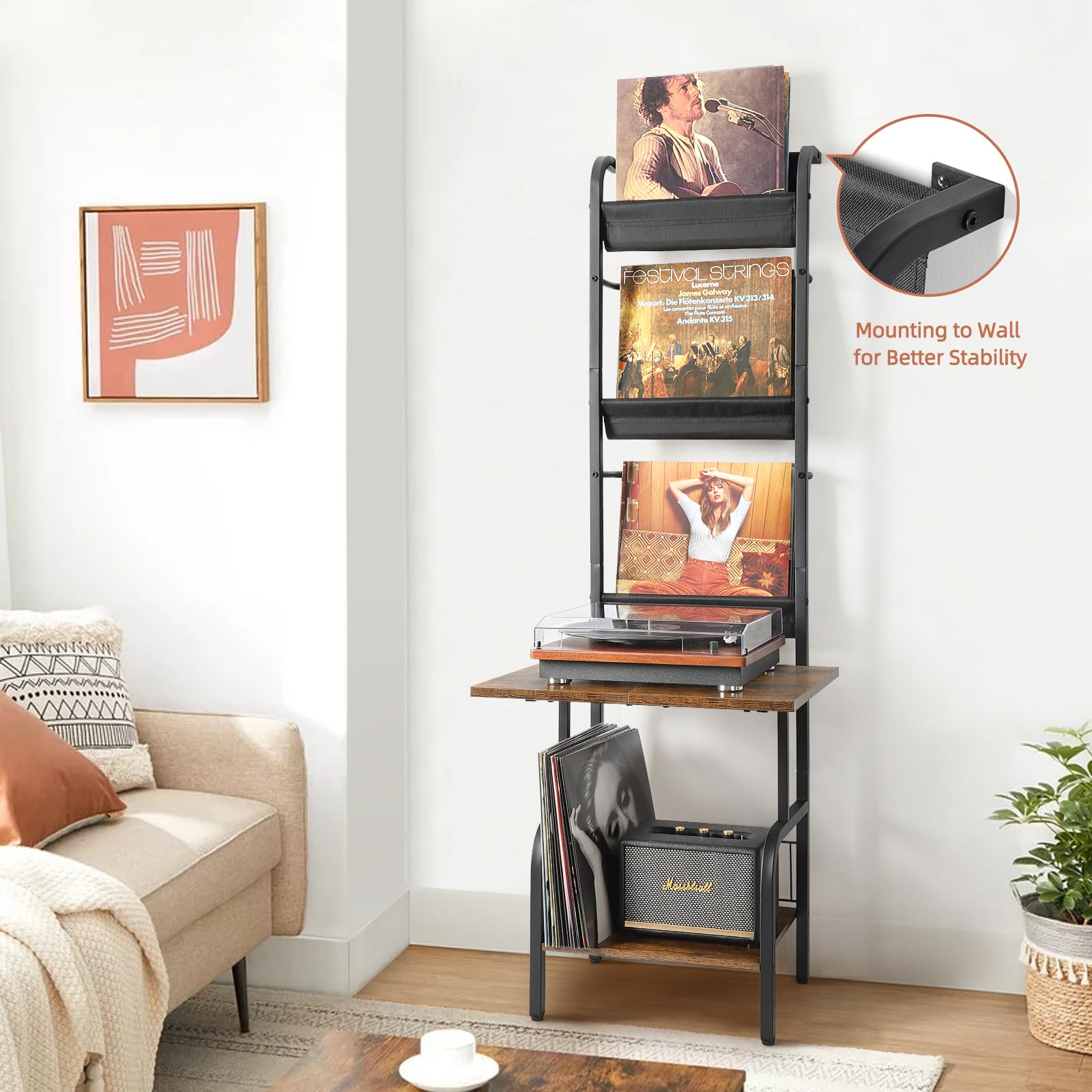 Bikoney Vinyl Record Storage Stand - Holds Up to 200 Albums | Turntable Cabinet & Wall Mount for Vinyl Records | Perfect for Living Room, Home Theater & Music Studio Organization