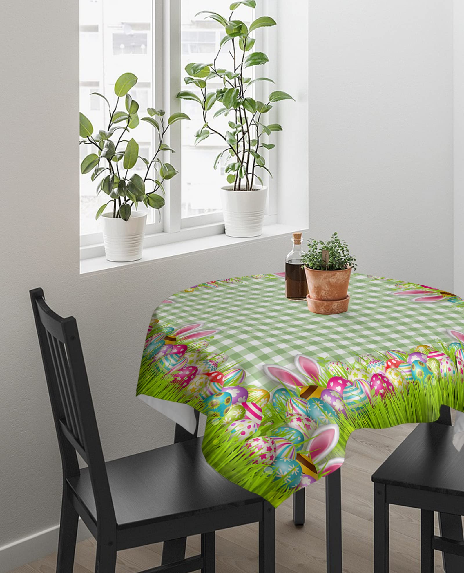 Easter Waterproof Tablecloth 54x54 Inch - Green Plaid Design with Easter Eggs & Bunny Pattern, Washable Square Dining Table Cover for Spring Party Decor, Outdoor Picnic & Holiday Celebrations