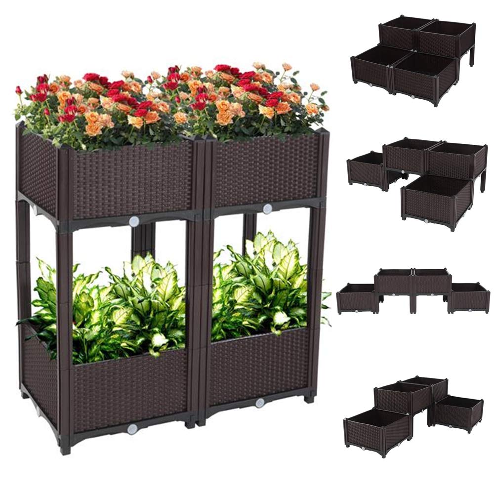 MAXMYE Raised Garden Bed Kit - 4-Piece Modular Planting Box for Vegetables, Herbs & Flowers - Brown Elevated Planter for Patio, Balcony, Backyard & Indoor Gardening - Easy Assembly & Free Splicing Design