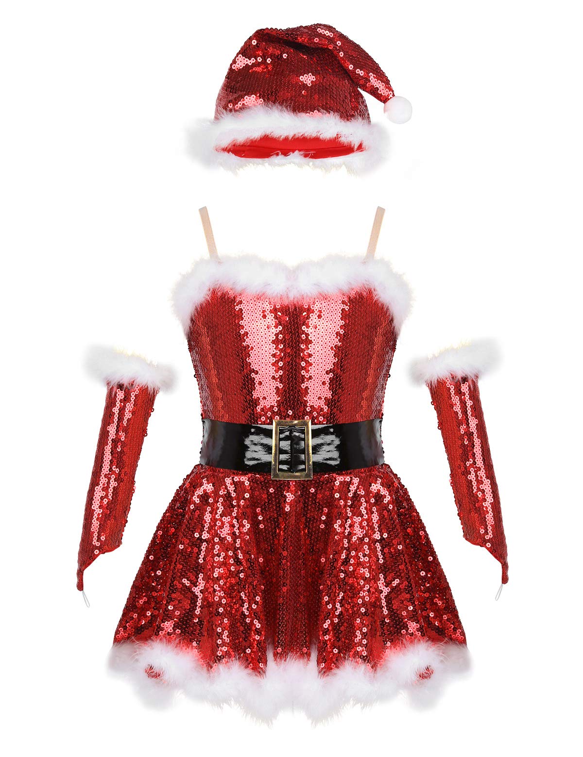 Agoky Sparkling Sequin Figure Skating Dress for Girls - Ballet, Roller Skating & Dance Costume - Perfect for Christmas Performances & Santa-Themed Events