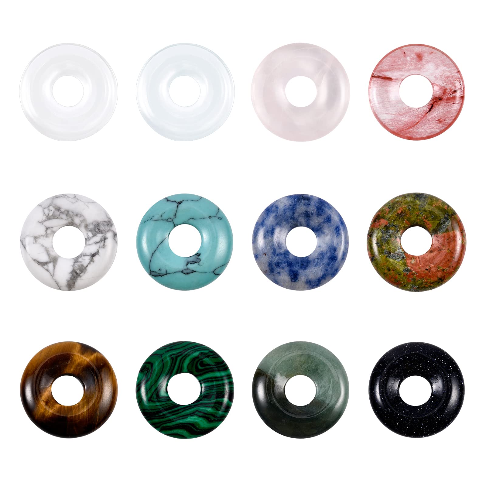 BENECREAT 12 Colors Natural Stone Donut Pendants - 18x4.5mm Flat Round Gemstone Beads with 5.5mm Hole for DIY Jewelry Making, Necklaces, Bracelets & Craft Projects - Perfect for Boho, Hippie & Handmade Jewelry Designs