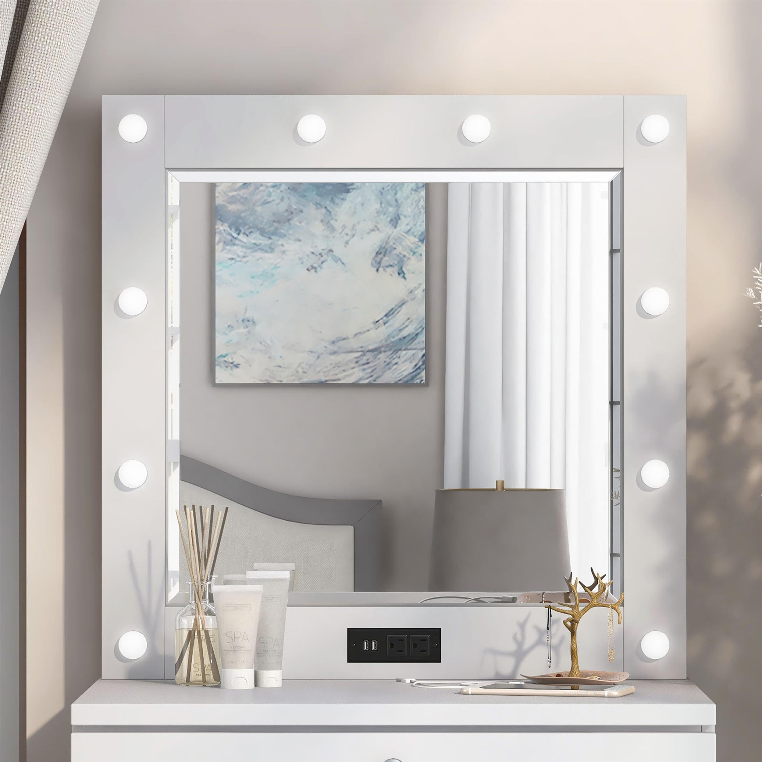 Furniture of America Lita Contemporary White Wood Vanity Mirror with LED Bulbs - Perfect for Bedroom Dressing Table & Makeup Station