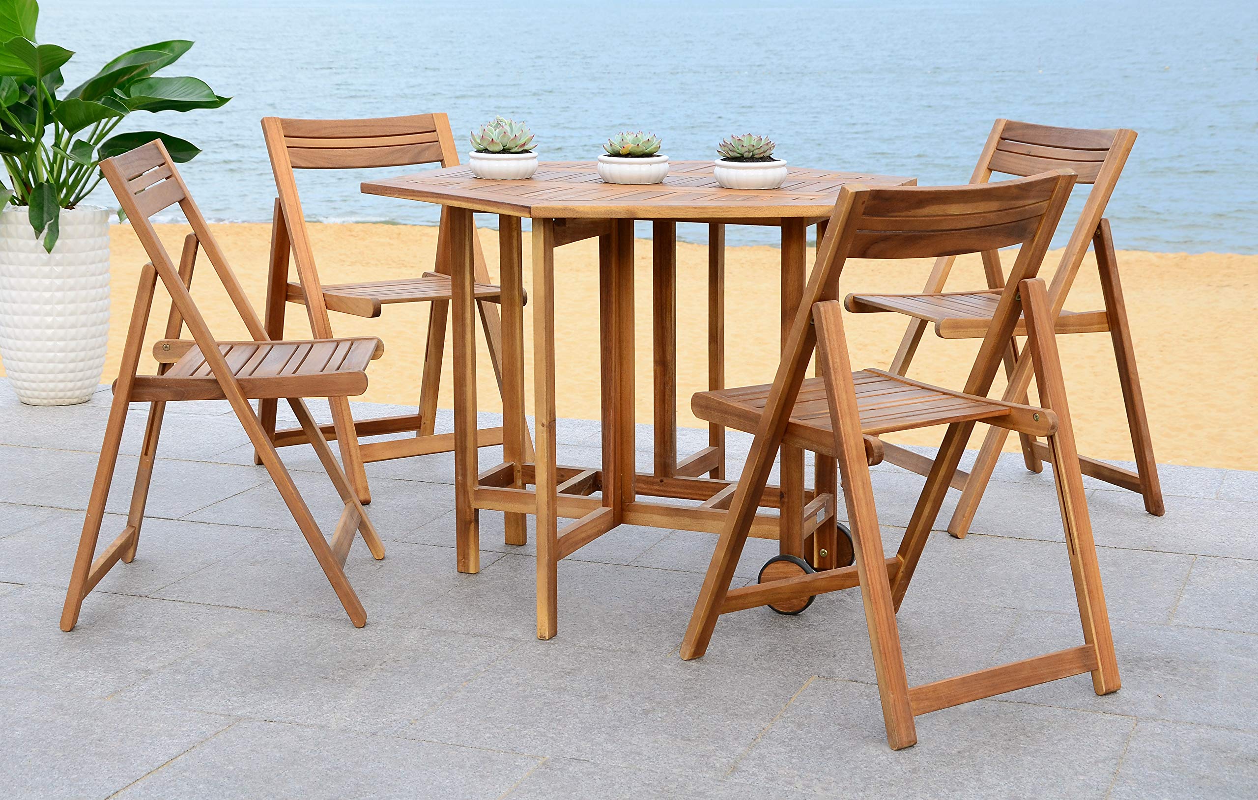 SAFAVIEH Outdoor Collection Kerman Natural 5-Piece Foldable Patio Dining Set - Fully Assembled Rattan Furniture for Garden, Backyard, Poolside & Balcony