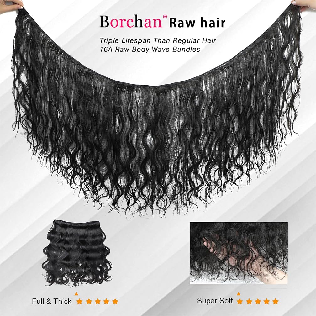Borchan 4 Bundles Body Wave Human Hair Weave 14-20 Inch | 100% Unprocessed Brazilian Virgin Hair | 16A Grade Natural Black Color | Perfect for Sew-in Weaves, Wigs & Hair Extensions | Best for Salon & Home Use