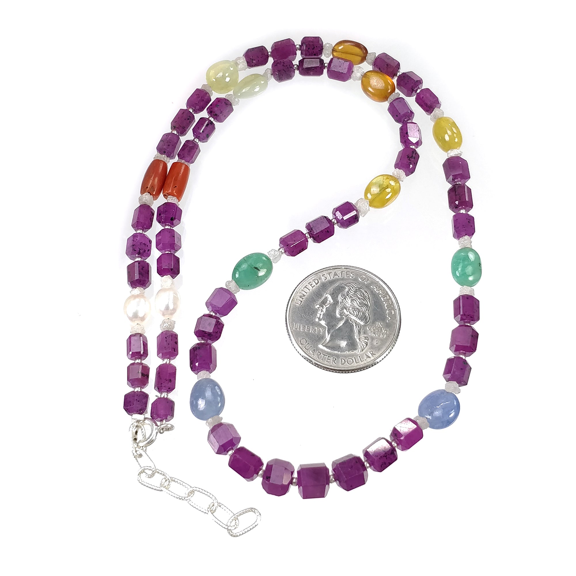 Natural Multi Gemstone Necklace - Sapphire, Hessonite, Coral, Diamond, Emerald, Cat's Eye & Pearl (25.60g, 4.5mm-9x7mm) | Elegant Jewelry for Weddings, Parties & Special Occasions