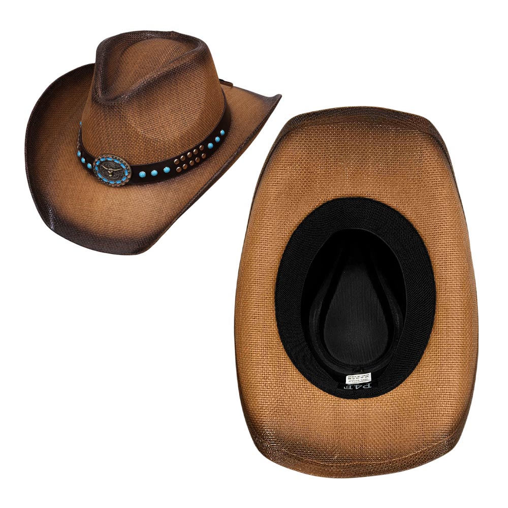 Turquoise Stone Embellished Western Cowboy Hat - Metal Steer Head Studded Faux Leather Band Straw Fedora for Men & Women | Perfect for Country Music Festivals, Rodeos, and Western Themed Parties