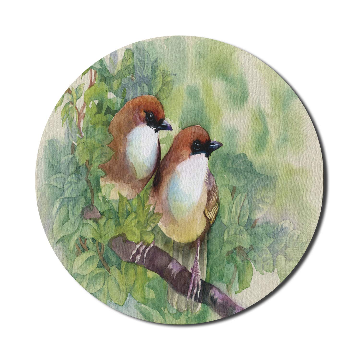 Ambesonne Round Non-Slip Rubber Mouse Pad - 8 Inch Computer Gaming Mousepad with Watercolor House Sparrow Birds Design, Romantic Love Pastoral Theme for Office & Home Use - Multicolor