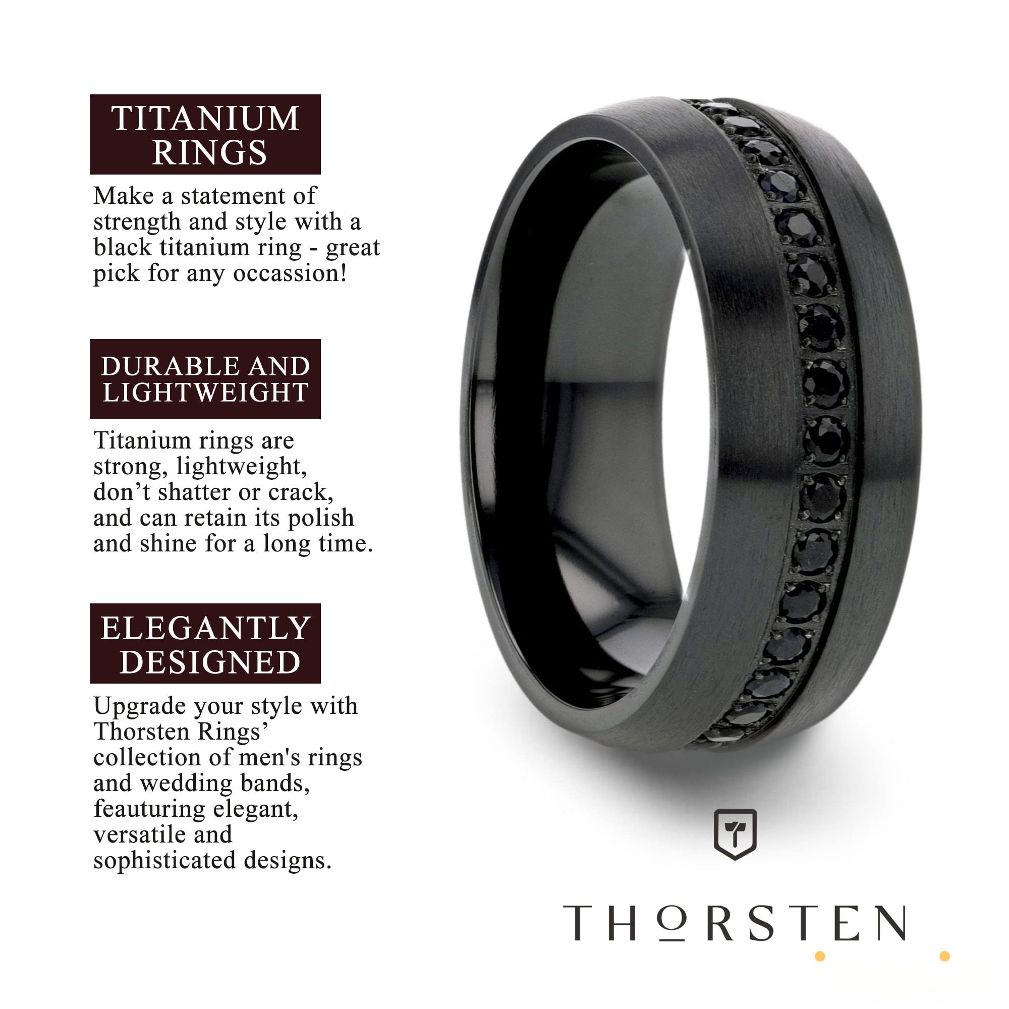 Black Titanium Ring with Black Sapphires - 8mm Wide Gothic Jewelry for Men & Women - Perfect for Weddings, Parties, and Alternative Fashion