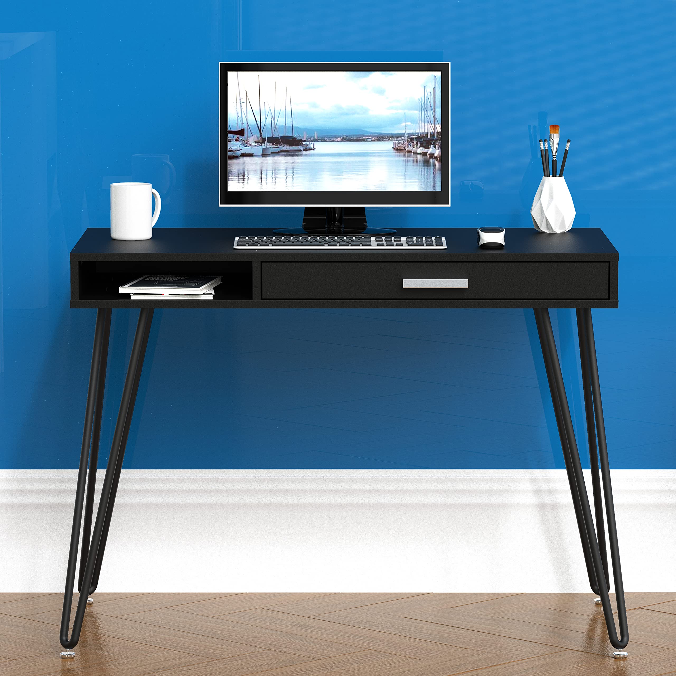 SHW Modern Home Office Computer Desk with Drawer & Hairpin Legs - Black Wooden Writing Table for Small Spaces, Work from Home, Study & Gaming (60