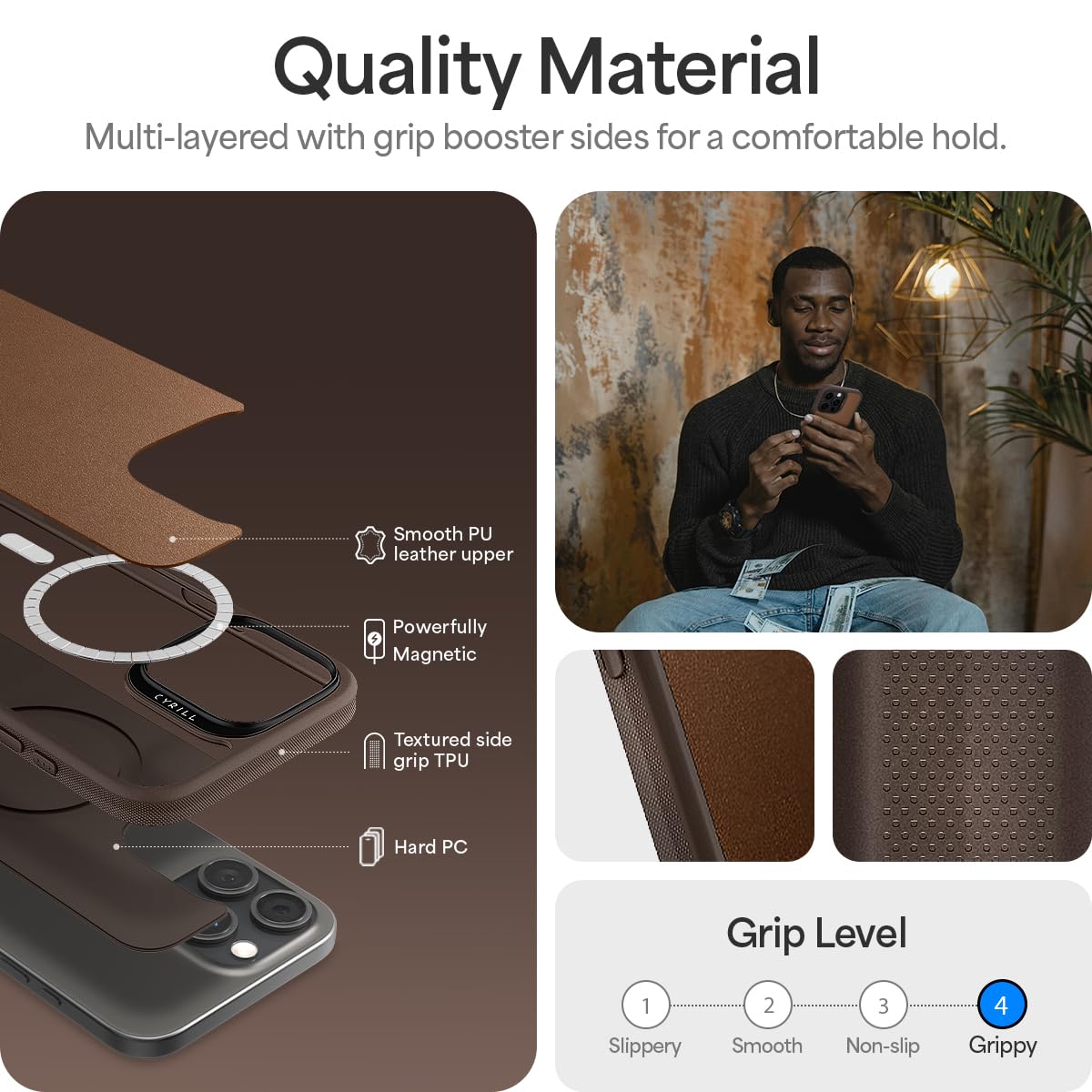 Premium Vegan Leather Case for iPhone 16 Pro - Shock-Absorbent MagSafe Compatible Bumper - CYRILL Kajuk Mag (Saddle Brown) - Perfect for Work, Travel & Everyday Protection