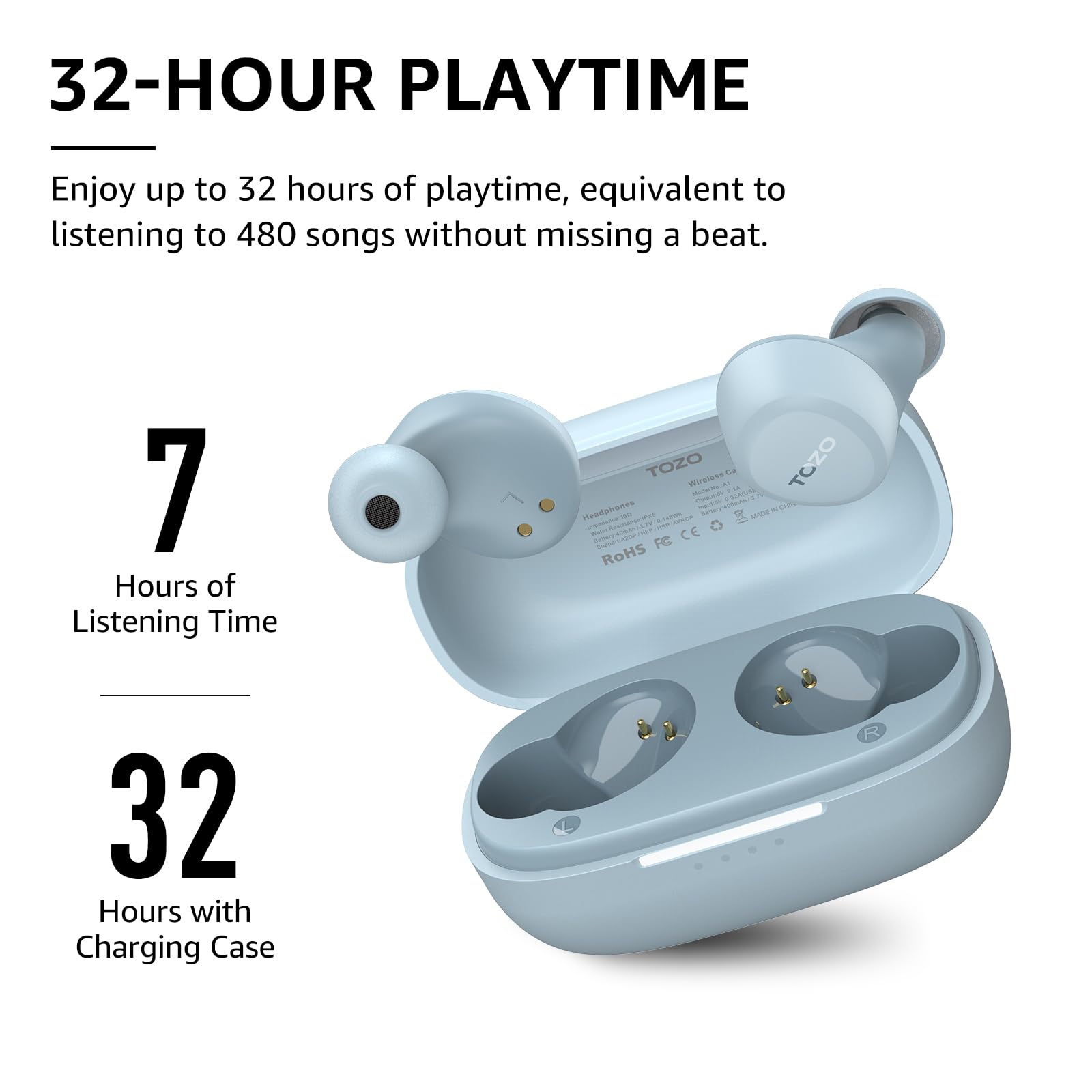 TOZO A1 Wireless Earbuds Bluetooth 5.3 - Lightweight IPX5 Waterproof Headphones with 2 Mics for AI Calls, Immersive Bass Sound & 32 EQ Presets via App - Perfect for Gym, Running, Workouts & Commuting