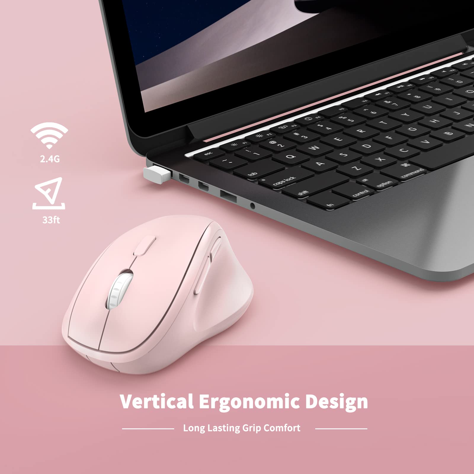 Ergonomic Wireless Mouse with USB Receiver - Pink, Comfortable & Portable for PC, Laptop, Desktop - Perfect for Office Work, Gaming & Travel Use