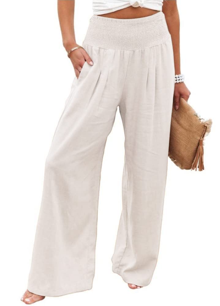 UTCoco Women's Wide Leg Linen Palazzo Pants - Casual Elastic Waist Loose Fit Trousers for Summer, Beach & Boho Style Outfits