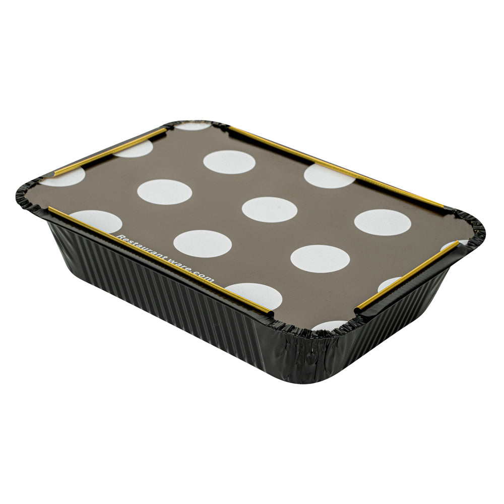16 oz Black & Gold Aluminum Takeout Containers with Polka Dot Paper Lids - 7.25