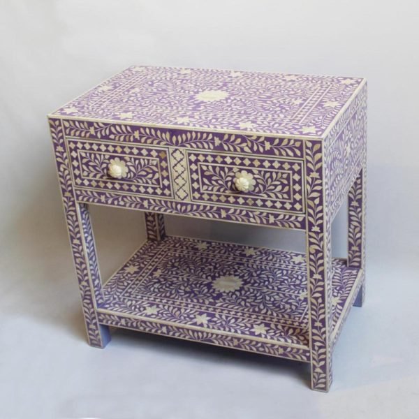 Handmade Bone Inlay Nightstand - Lavender Floral Design 2-Drawer Bedside Table for Bedroom Decor & Storage