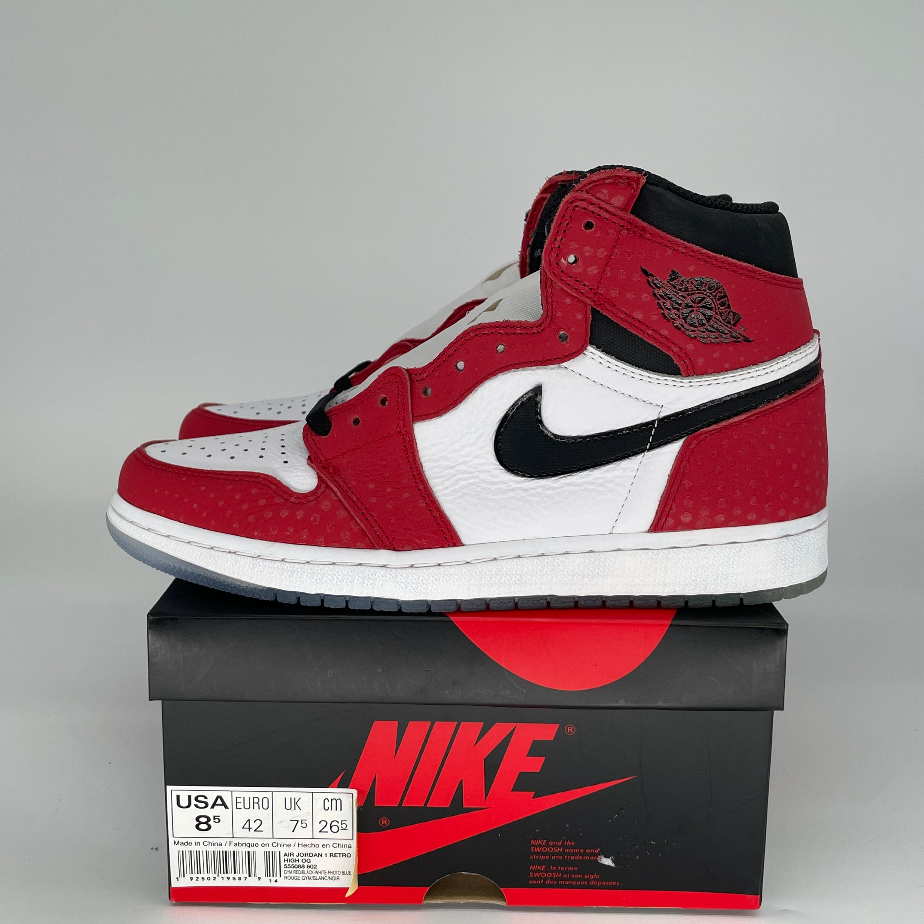 Air Jordan 1 Spider-Man Origin Story Sneakers - Men's Size 8.5 (555088-602) | Retro High Top Basketball Shoes for Collectors & Streetwear Fashion
