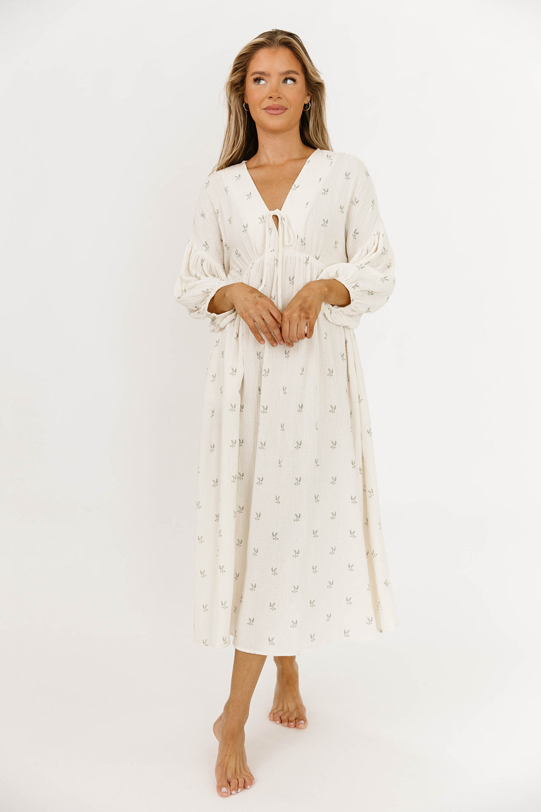 Hunter 100% Cotton Gauze Midi Dress in Soy/Sage Foliage - Bump Friendly Maternity Dress, Inclusive Sizing (XS-3X) - Perfect for Summer, Beach, and Boho Style Outfits