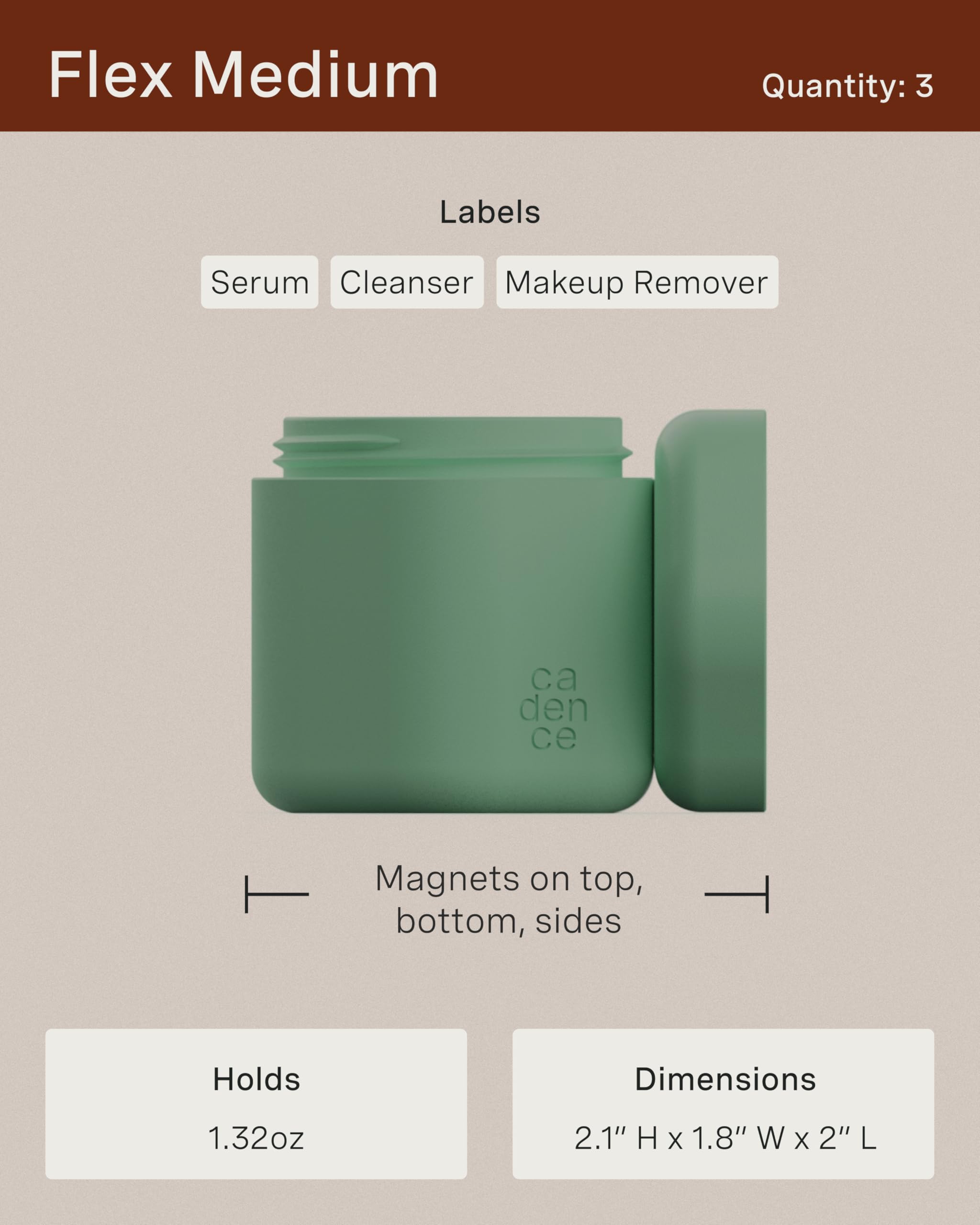 Cadence Magnetic Travel Containers Set - 5-Piece Skincare Travel Kit with 2 Small (0.56oz) & 3 Medium (1.32oz) Leakproof Capsules - Includes Cleanser, Moisturizer, Serum & Makeup Remover - Perfect for Air Travel, Gym Bag & Weekend Getaways
