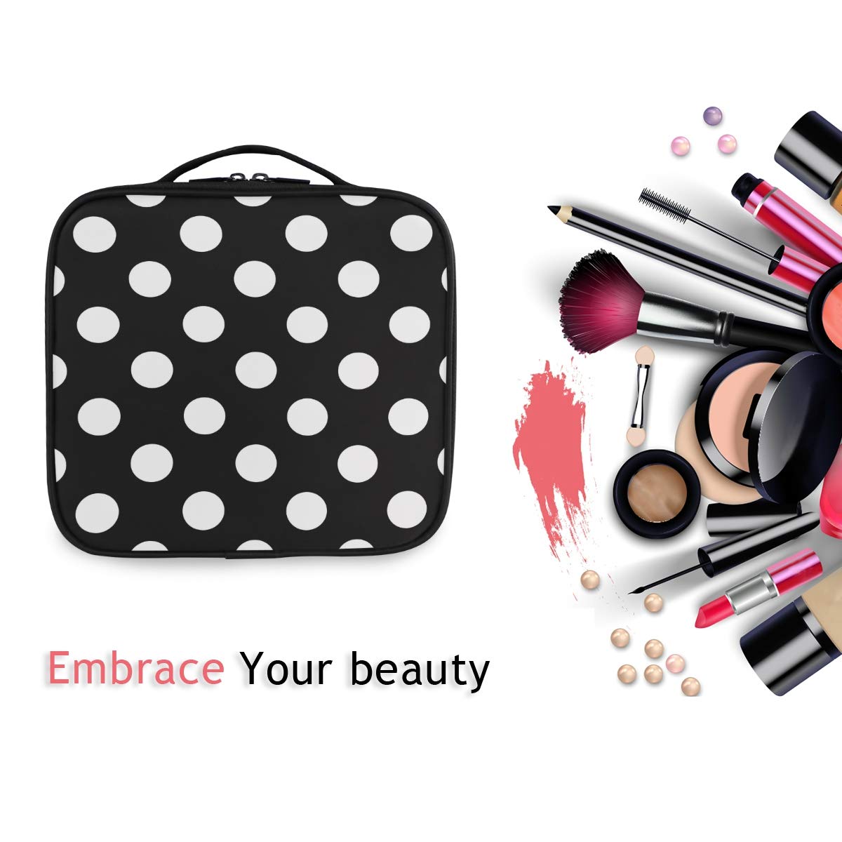 ALAZA Fashion Polka Dot Makeup Bag - Portable Cosmetic Organizer with Adjustable Dividers - Travel Train Case for Makeup Brushes & Beauty Essentials - Perfect for Travel, Home & Salon Use