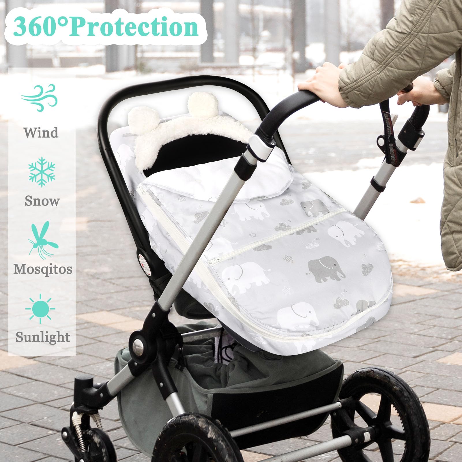 **Boys' Car Seat Cover - Winter Cozy & Warm Baby Car Seat Protector with Elephant Design, Ultra-Soft Breathable Fabric, Zippered Removable for Easy Cleaning - Perfect for Infants & Toddlers in Cold Weather, Travel & Daily Use**