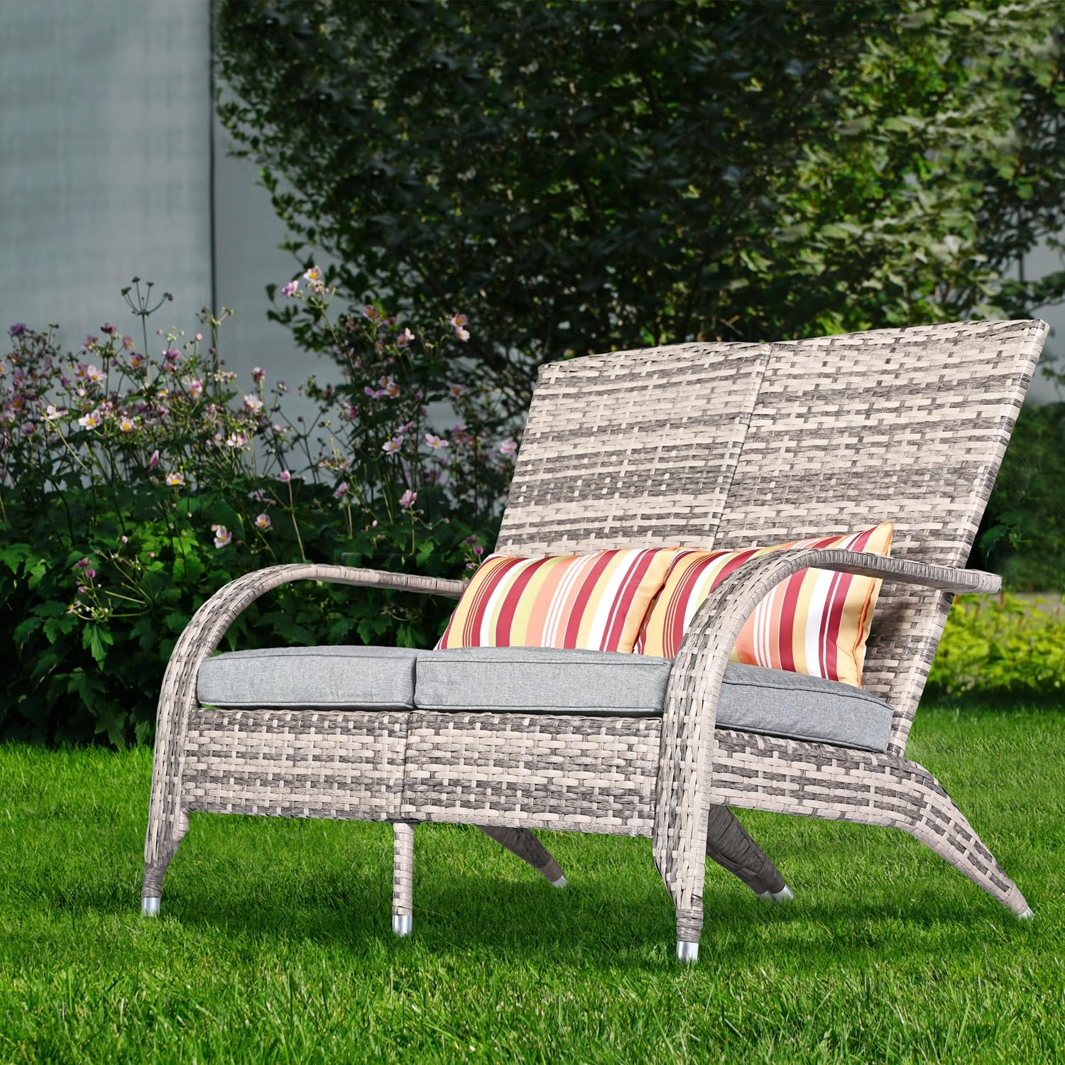 Outdoor Patio Wicker Loveseat Bench - Grey Rattan Double Adirondack Chairs with Cushions, Comfortable Deep Seating High Back Sofa for Deck, Balcony, Garden & Fire Pit Relaxation